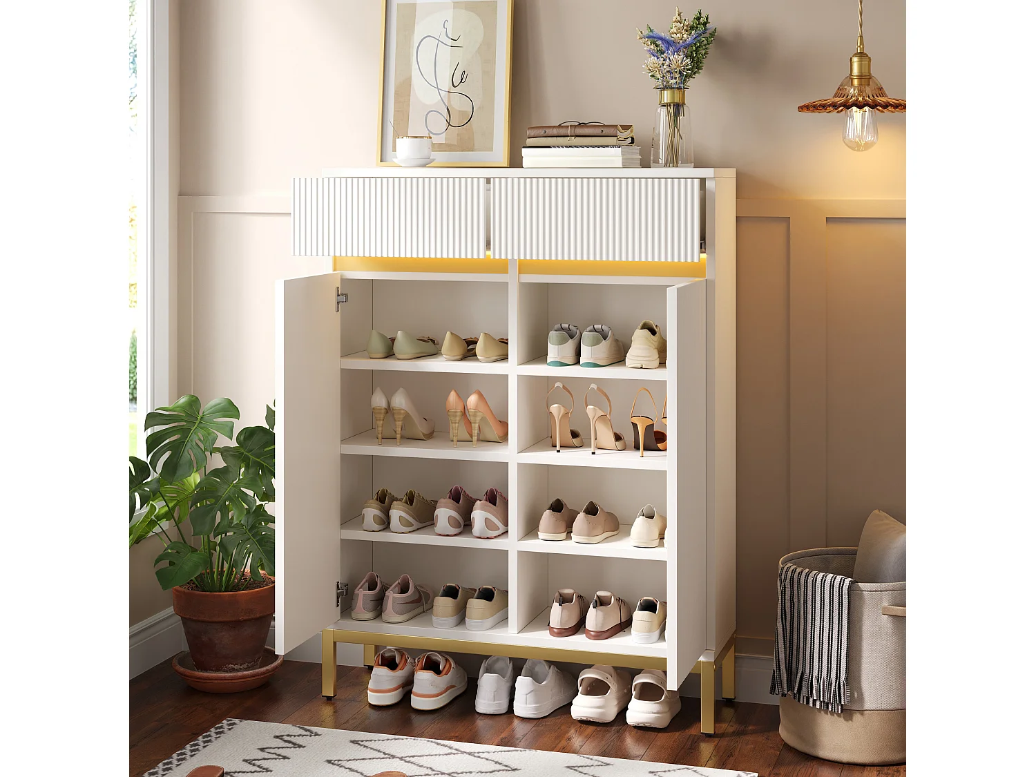 Moderner Schuhschrank 80x35x103 cm - 2 Schubladen und 2 Türen - Integrierte LED-Beleuchtung - Füße aus goldfarbenem Eisen - Weiß