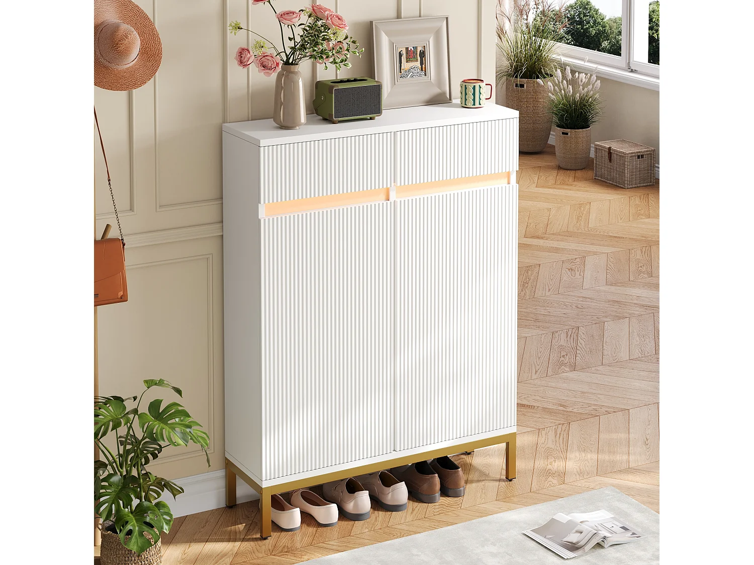 Moderner Schuhschrank 80x35x103 cm - 2 Schubladen und 2 Türen - Integrierte LED-Beleuchtung - Füße aus goldfarbenem Eisen - Weiß