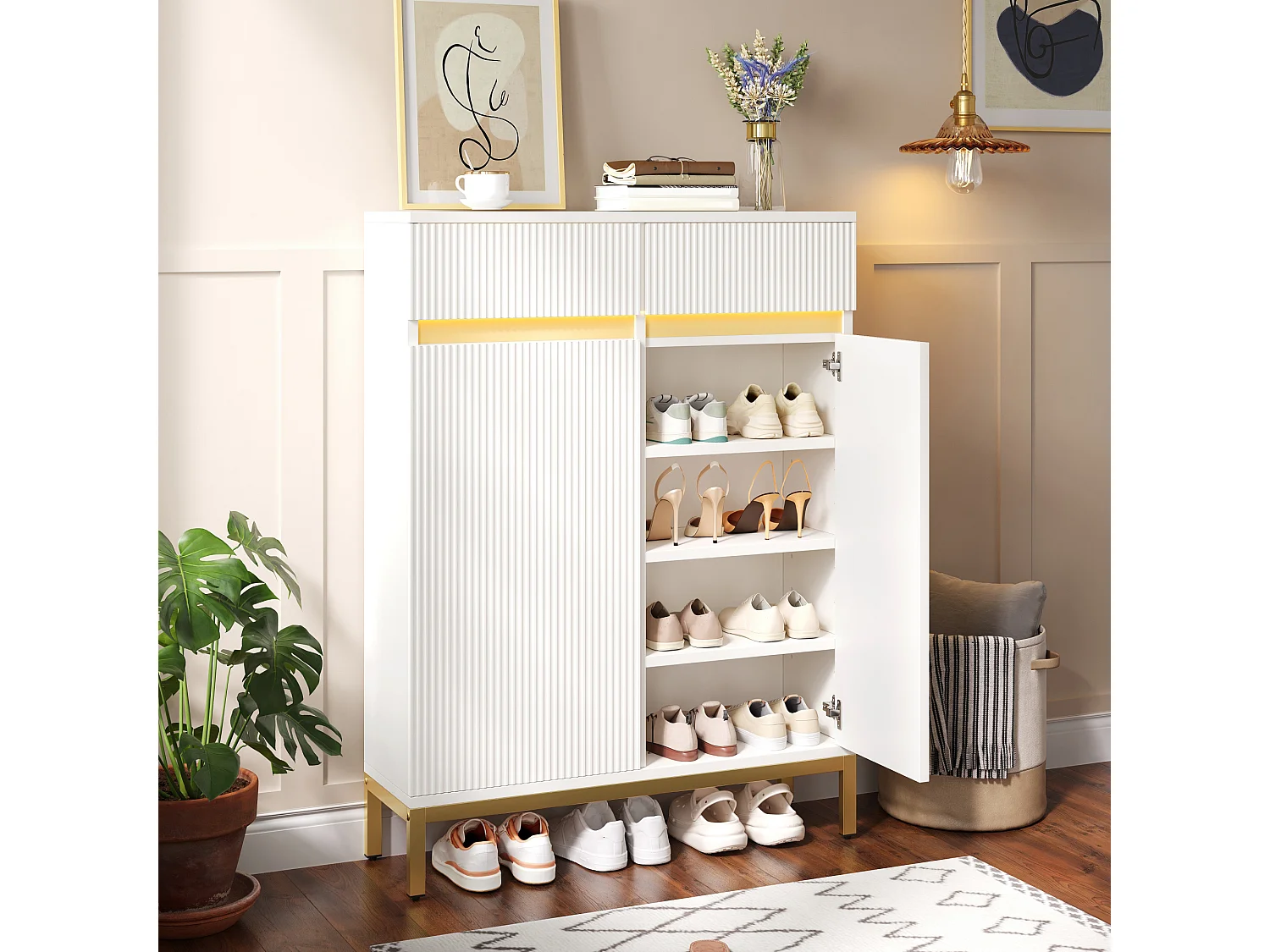 Moderner Schuhschrank 80x35x103 cm - 2 Schubladen und 2 Türen - Integrierte LED-Beleuchtung - Füße aus goldfarbenem Eisen - Weiß
