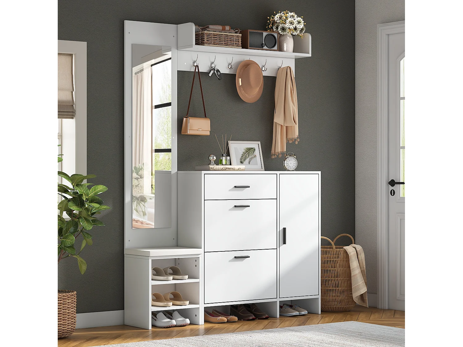 Meuble à chaussures avec rangement chaussures 2 portes rabattables, banc, miroir, tiroir et patères - MDF - 140 x 30 x 200 cm - Blanc