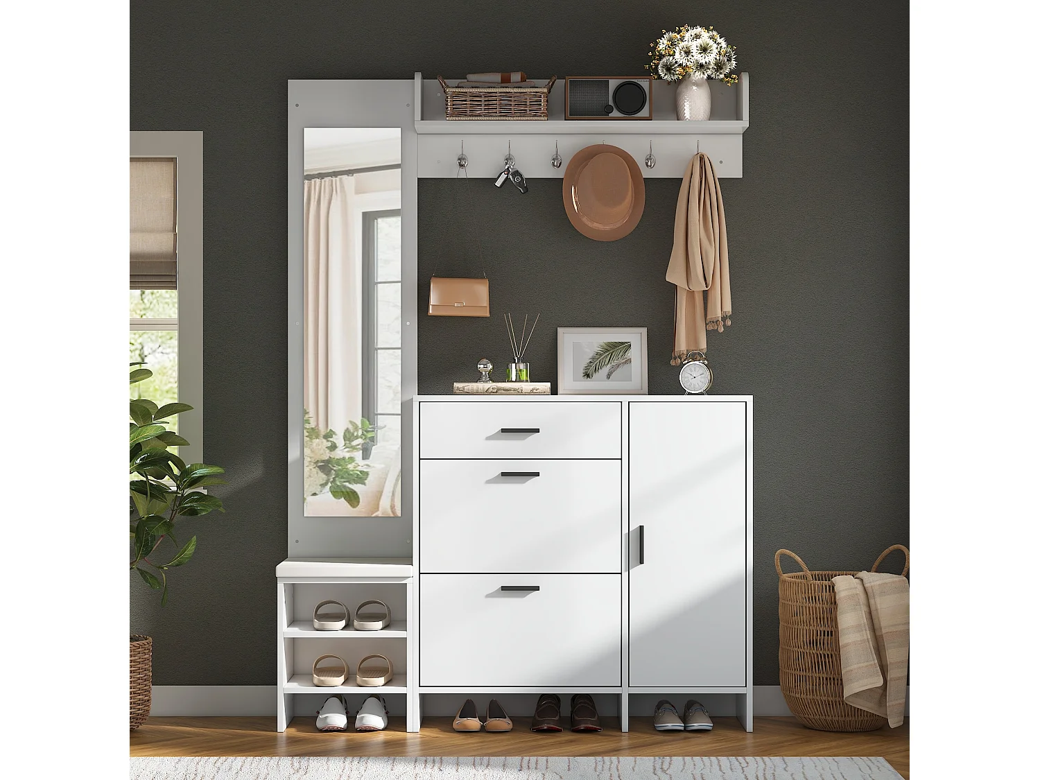 Meuble à chaussures avec rangement chaussures 2 portes rabattables, banc, miroir, tiroir et patères - MDF - 140 x 30 x 200 cm - Blanc