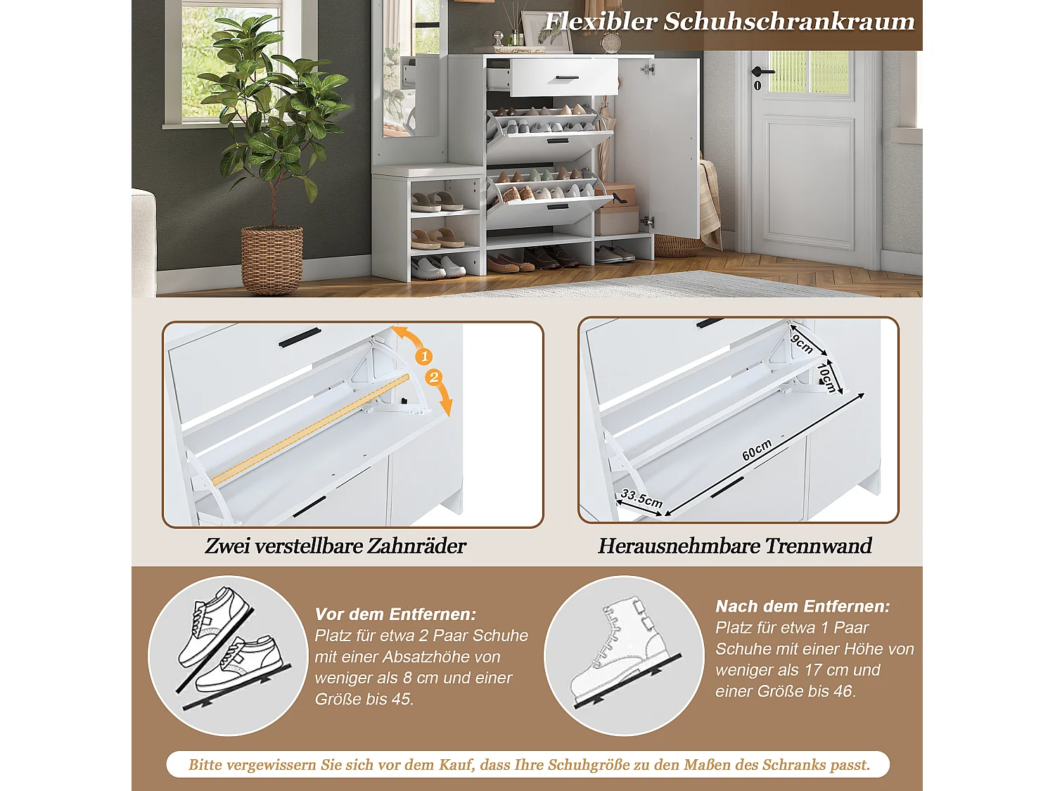 Meuble à chaussures avec rangement chaussures 2 portes rabattables, banc, miroir, tiroir et patères - MDF - 140 x 30 x 200 cm - Blanc