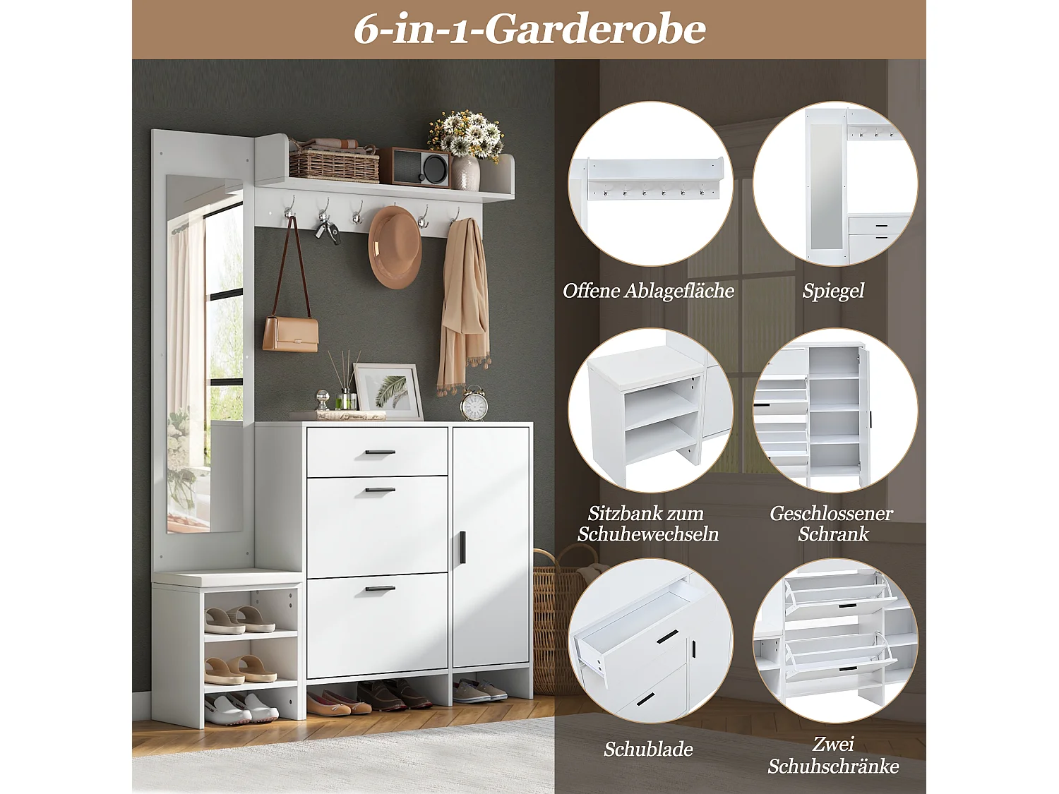Meuble à chaussures avec rangement chaussures 2 portes rabattables, banc, miroir, tiroir et patères - MDF - 140 x 30 x 200 cm - Blanc