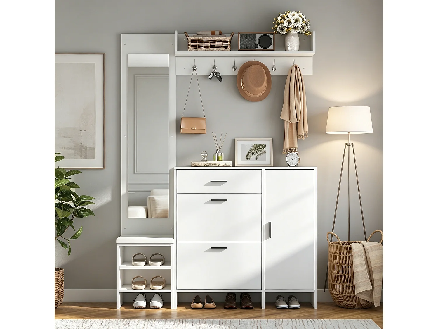 Meuble à chaussures avec rangement chaussures 2 portes rabattables, banc, miroir, tiroir et patères - MDF - 140 x 30 x 200 cm - Blanc