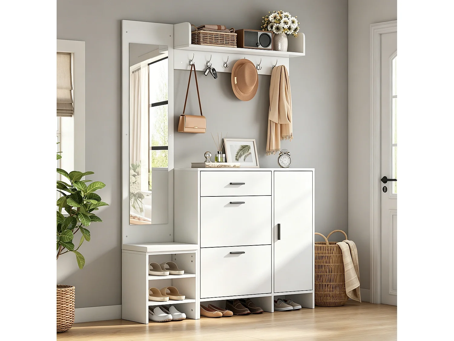 Meuble à chaussures avec rangement chaussures 2 portes rabattables, banc, miroir, tiroir et patères - MDF - 140 x 30 x 200 cm - Blanc