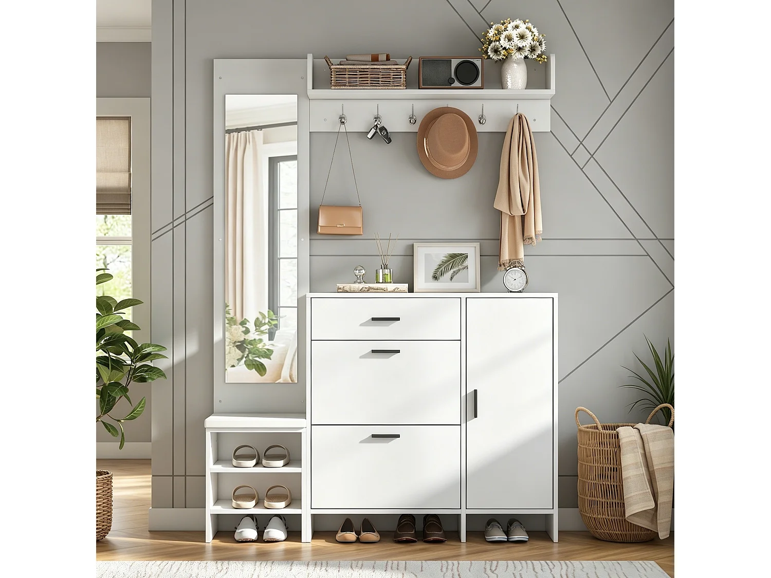 Meuble à chaussures avec rangement chaussures 2 portes rabattables, banc, miroir, tiroir et patères - MDF - 140 x 30 x 200 cm - Blanc
