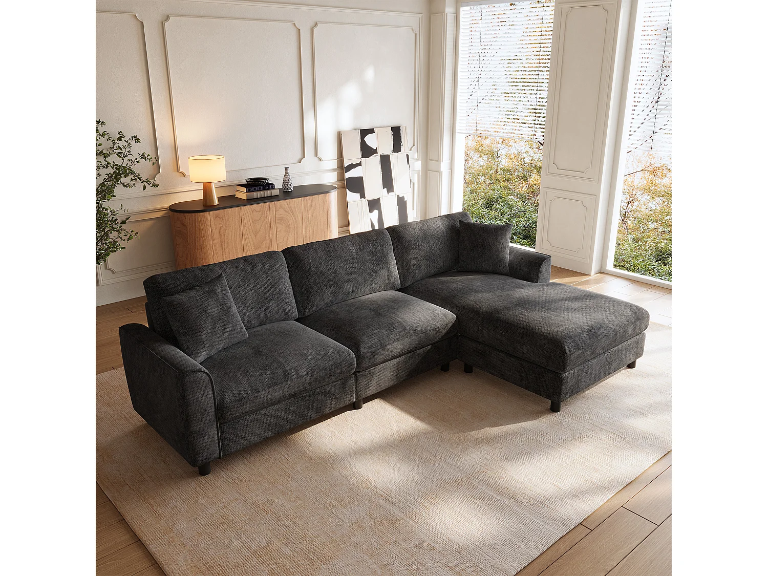 Canapé d'angle 3 places 256 × 137 × 79 cm - avec méridienne - peut être installé à gauche ou à droite - tissu chenille - gris