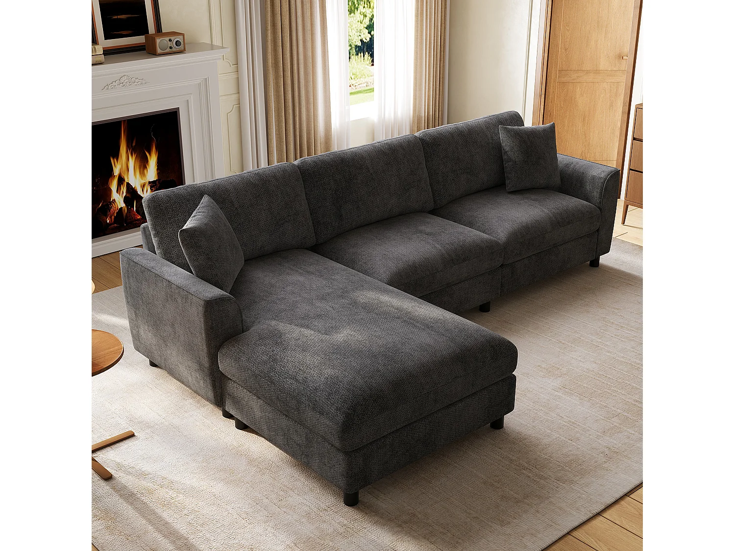 Canapé d'angle 3 places 256 × 137 × 79 cm - avec méridienne - peut être installé à gauche ou à droite - tissu chenille - gris