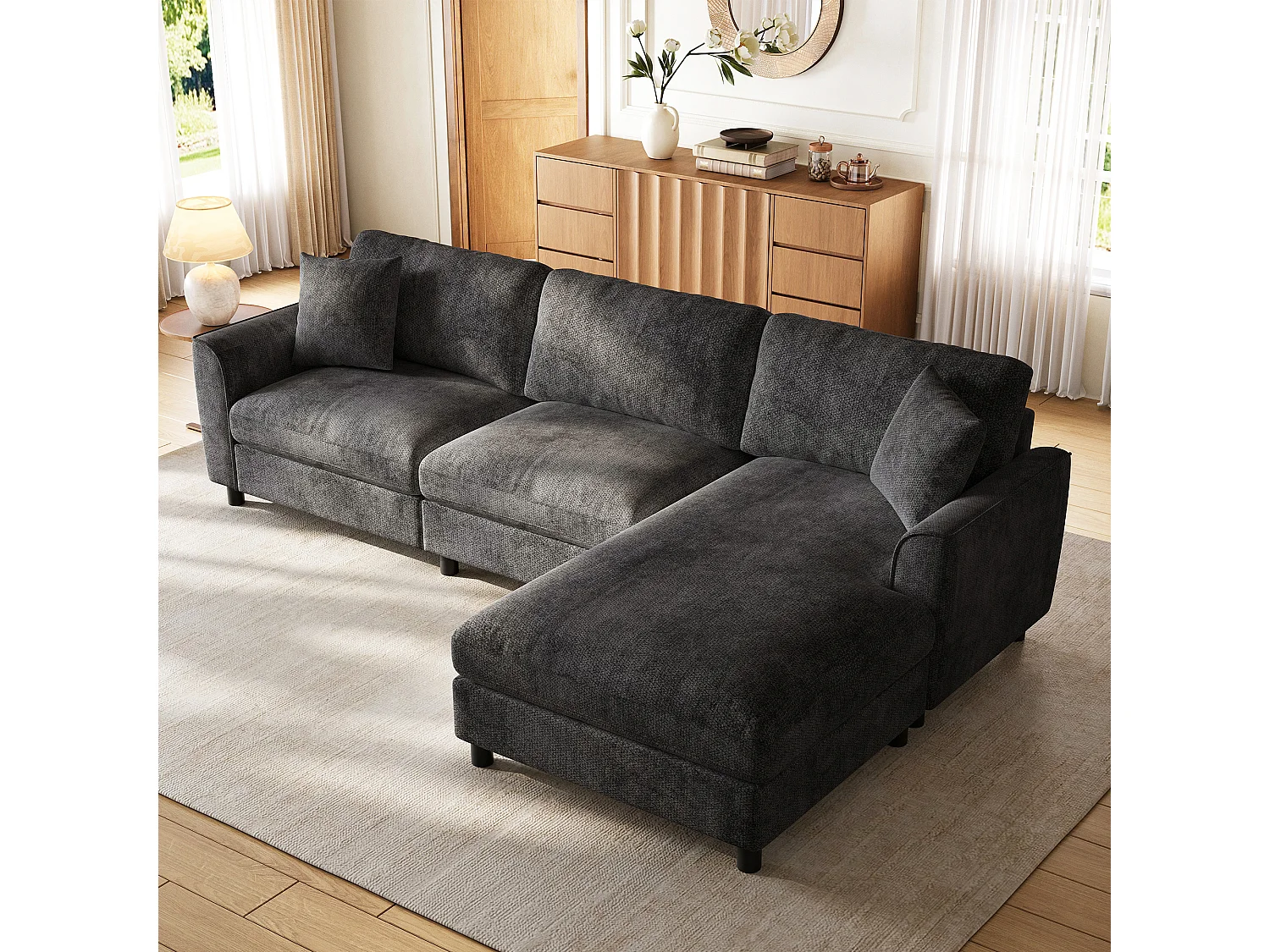 Canapé d'angle 3 places 256 × 137 × 79 cm - avec méridienne - peut être installé à gauche ou à droite - tissu chenille - gris