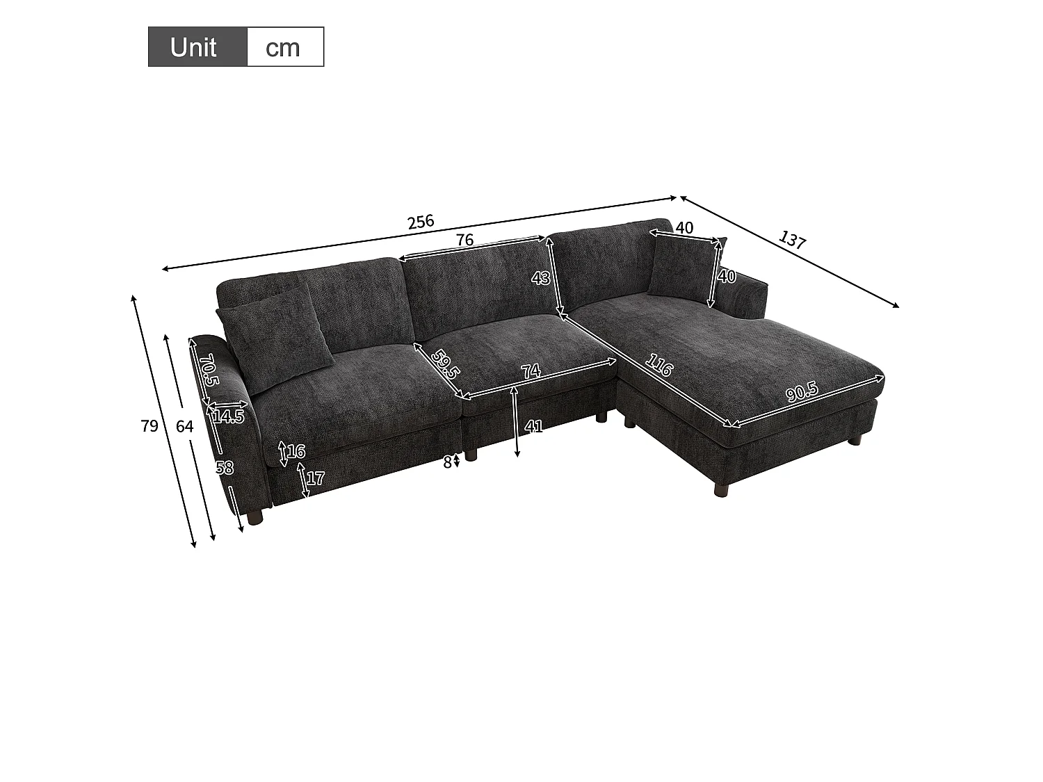 Canapé d'angle 3 places 256 × 137 × 79 cm - avec méridienne - peut être installé à gauche ou à droite - tissu chenille - gris