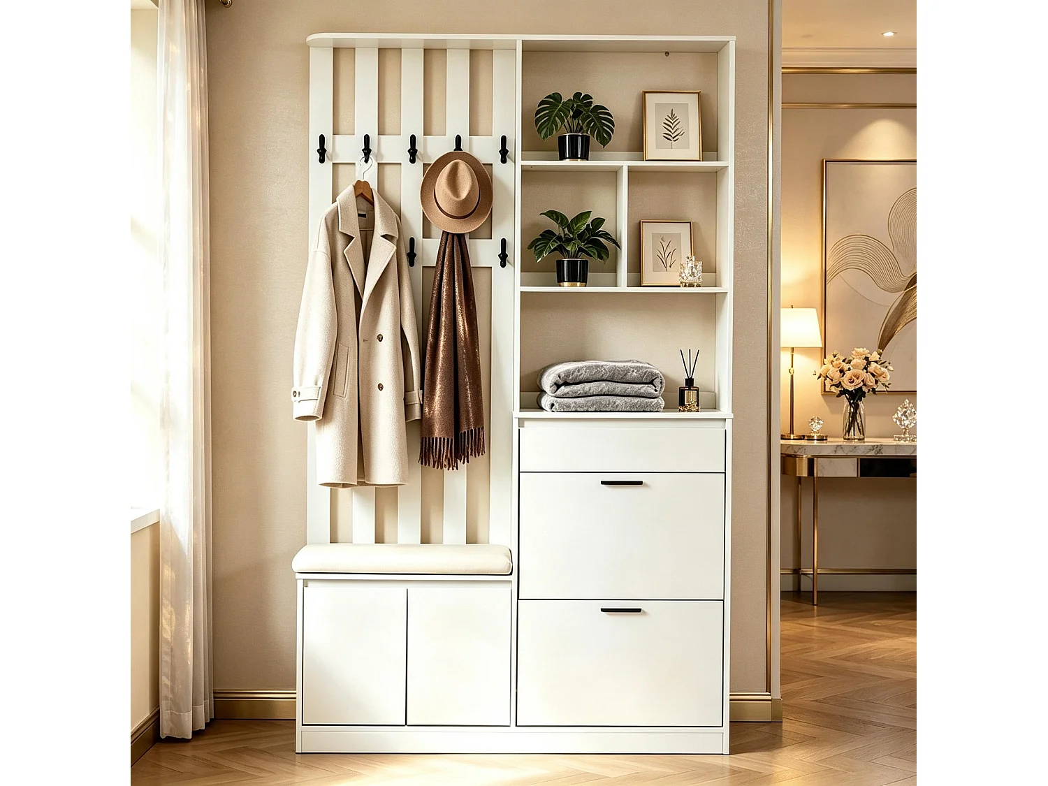 Shoe cabinet with bench, 2 fold-down shoe racks, 1 drawer, 4 doors and 10 hooks - MDF - 120x30x200 cm - White