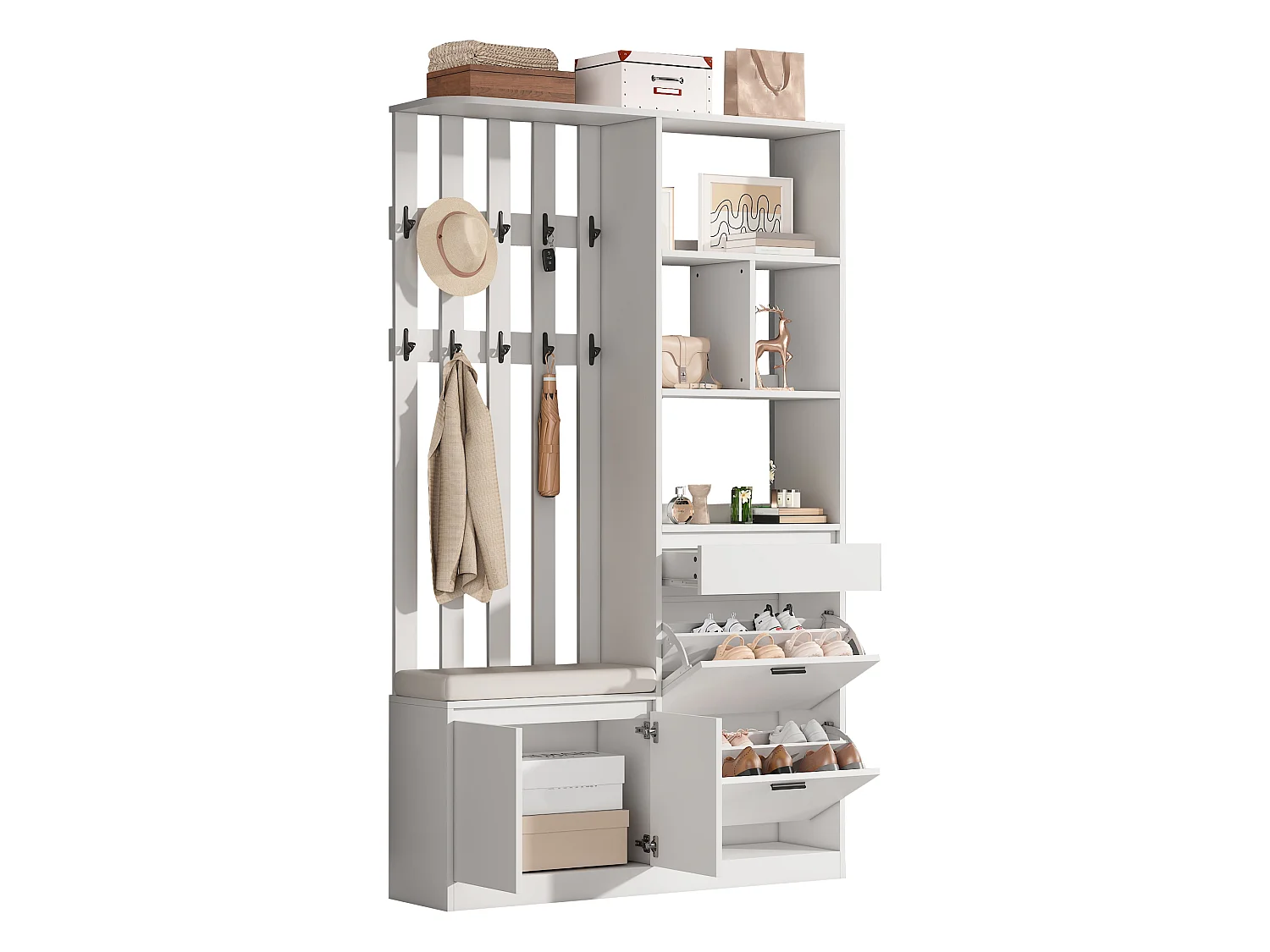 Shoe cabinet with bench, 2 fold-down shoe racks, 1 drawer, 4 doors and 10 hooks - MDF - 120x30x200 cm - White
