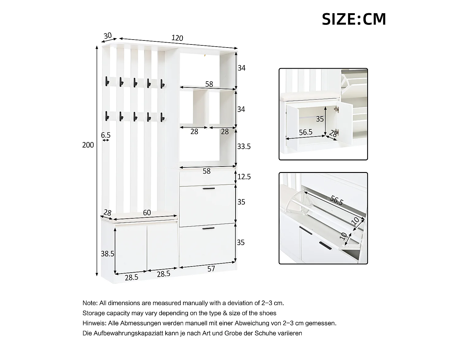 Shoe cabinet with bench, 2 fold-down shoe racks, 1 drawer, 4 doors and 10 hooks - MDF - 120x30x200 cm - White