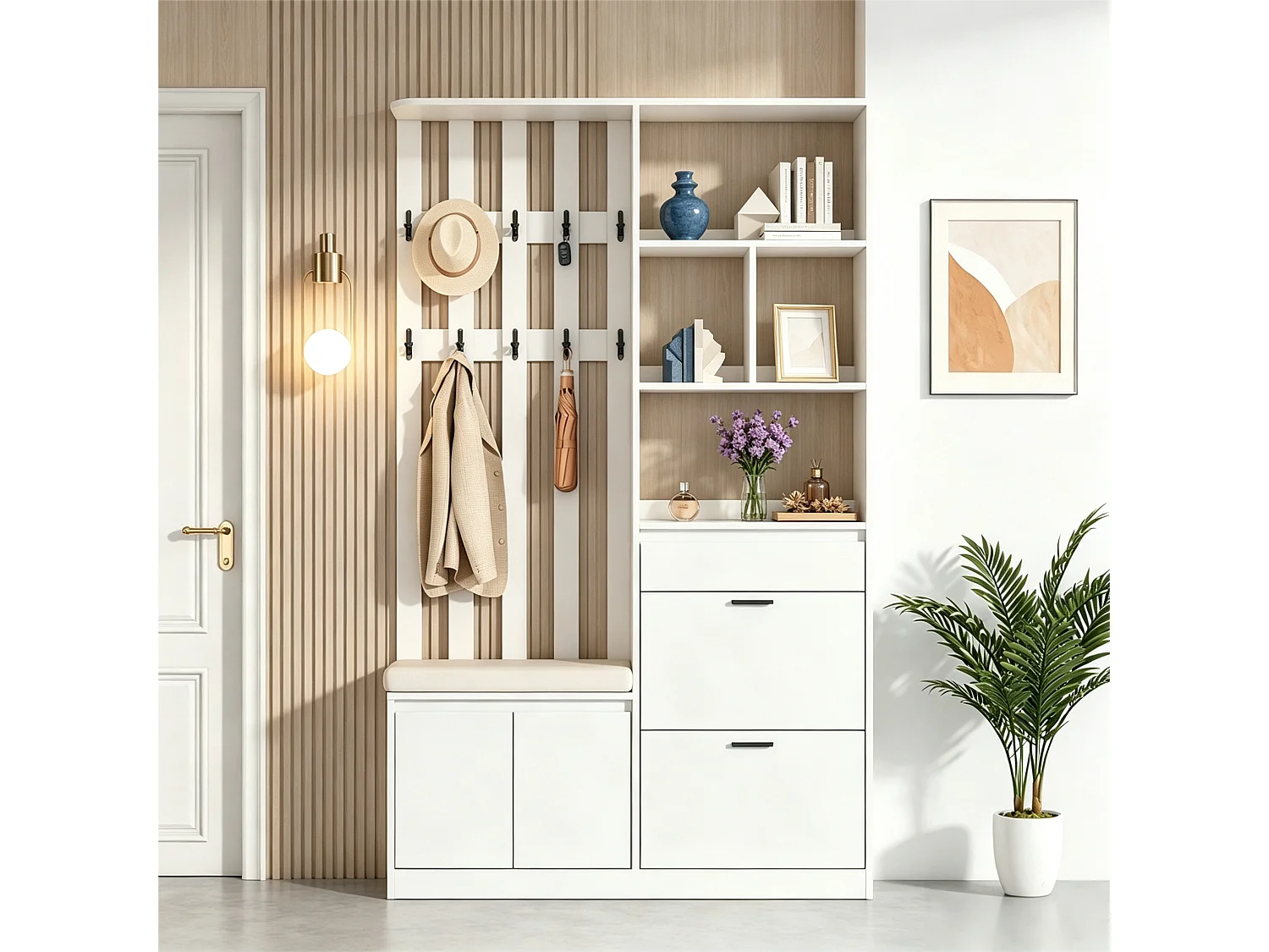 Shoe cabinet with bench, 2 fold-down shoe racks, 1 drawer, 4 doors and 10 hooks - MDF - 120x30x200 cm - White