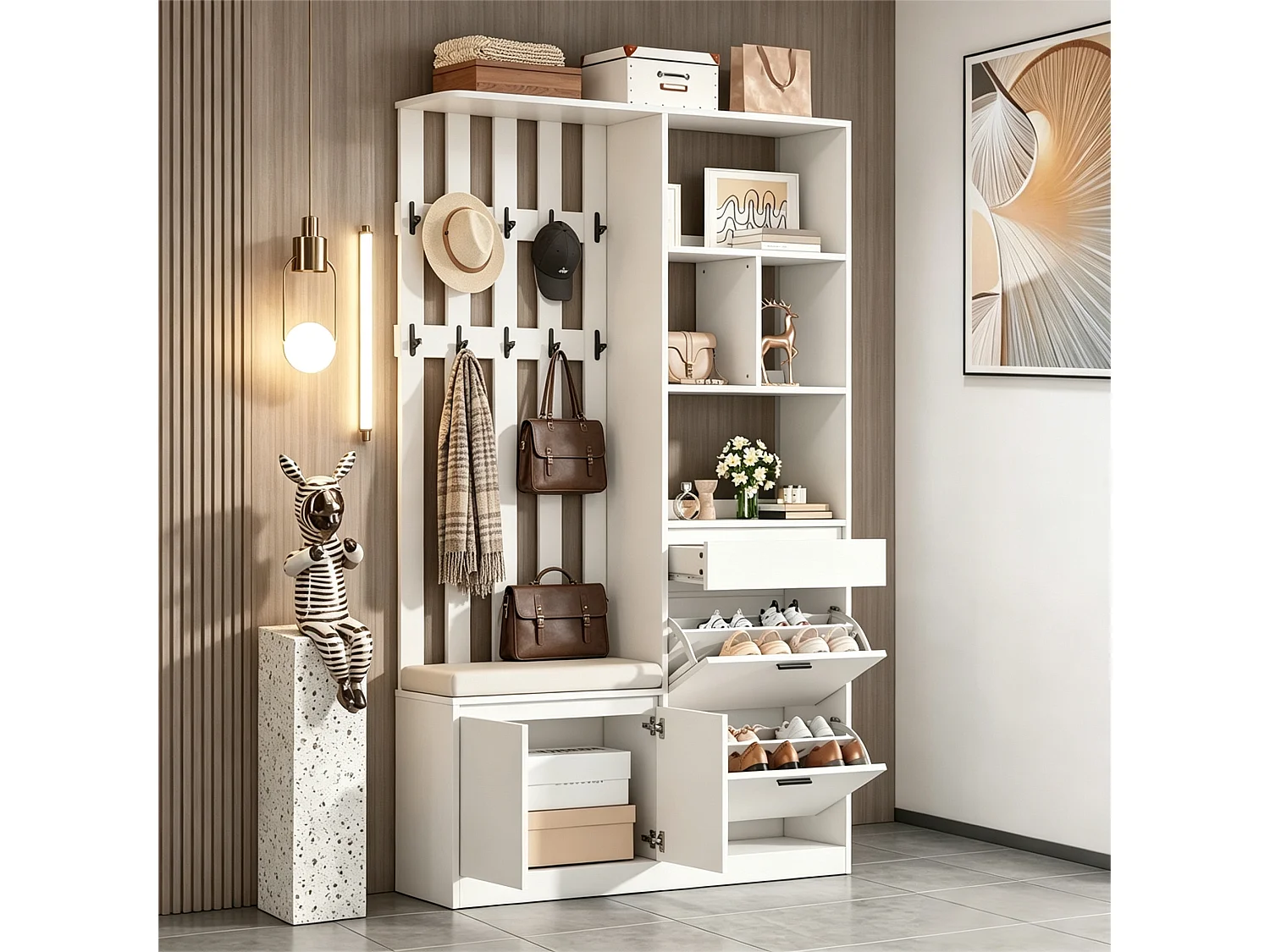 Shoe cabinet with bench, 2 fold-down shoe racks, 1 drawer, 4 doors and 10 hooks - MDF - 120x30x200 cm - White