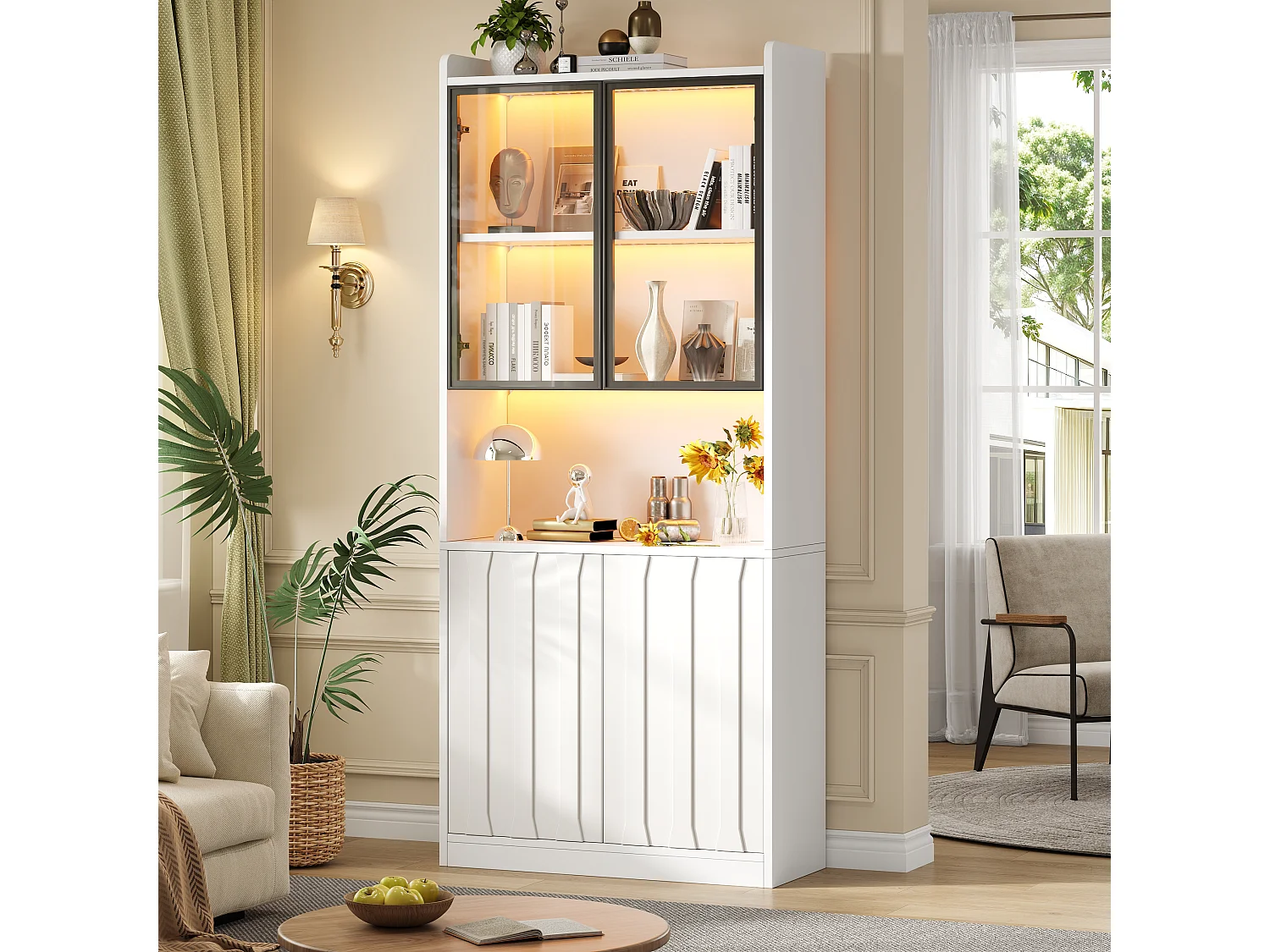 Glass display case 80x35x200 cm - LED lighting and open shelves - 4 doors and 5 storage compartments - White