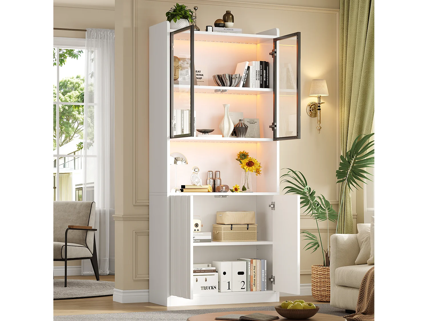 Glass display case 80x35x200 cm - LED lighting and open shelves - 4 doors and 5 storage compartments - White