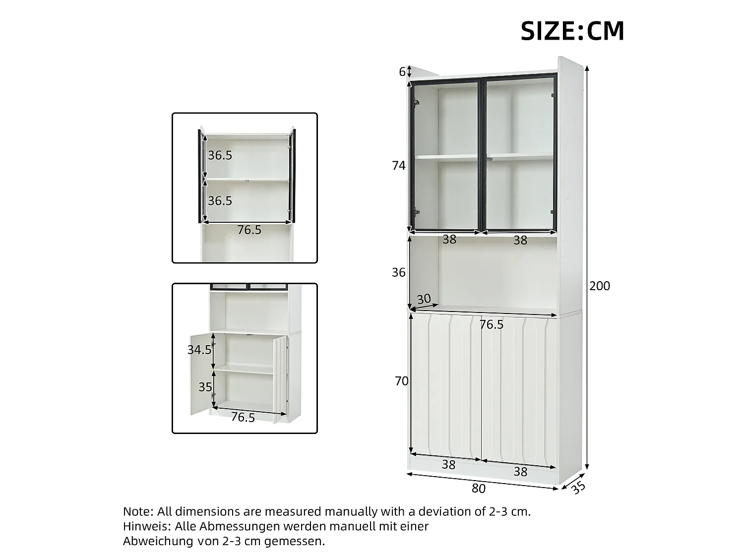 Glass display case 80x35x200 cm - LED lighting and open shelves - 4 doors and 5 storage compartments - White