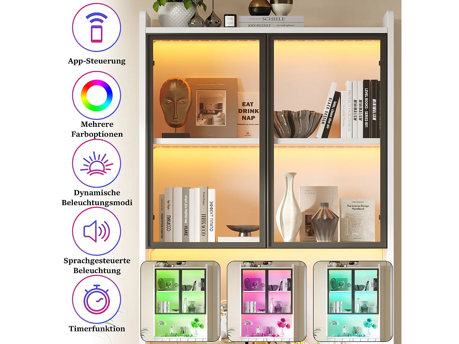Glass display case 80x35x200 cm - LED lighting and open shelves - 4 doors and 5 storage compartments - White