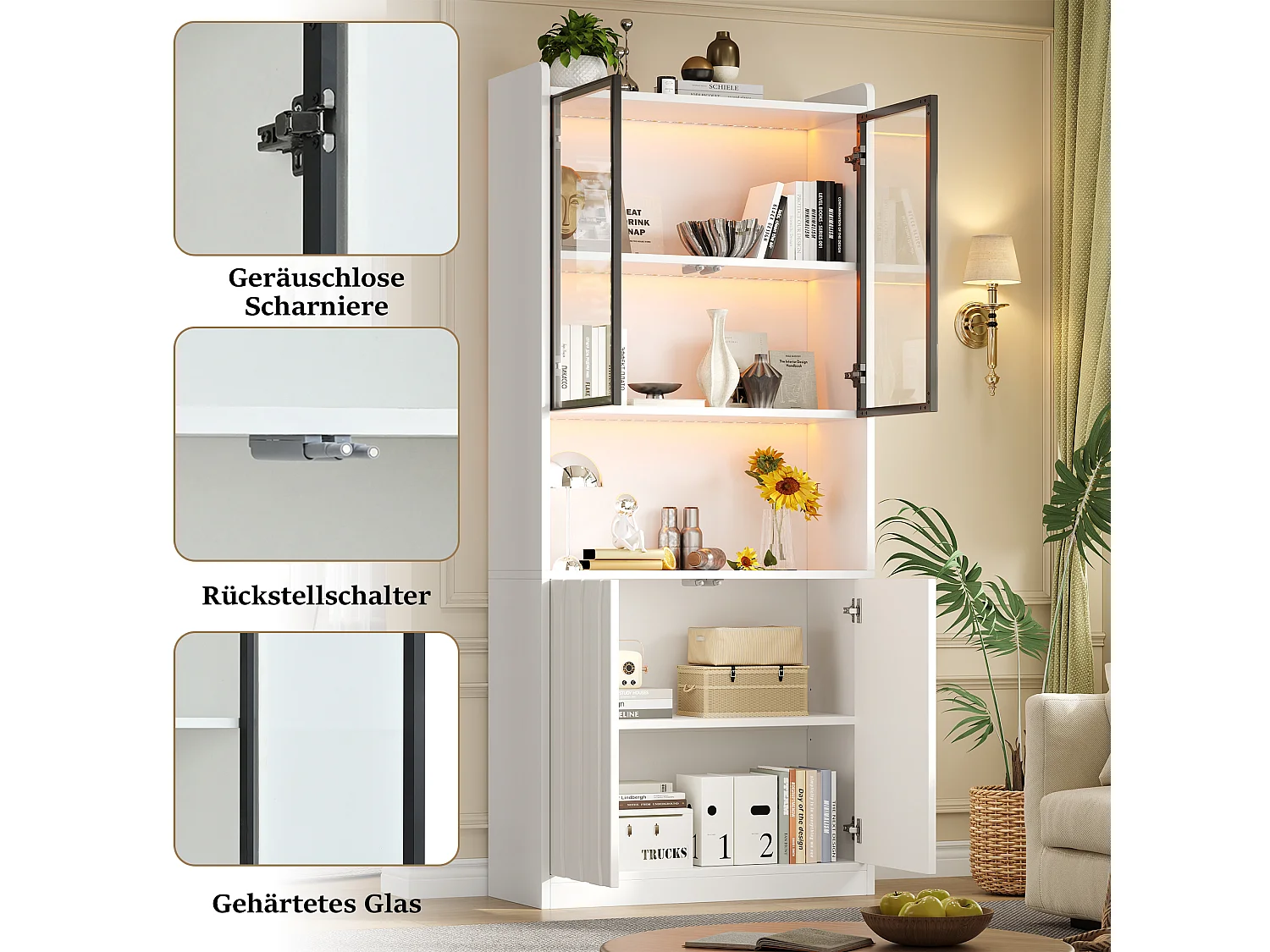 Glass display case 80x35x200 cm - LED lighting and open shelves - 4 doors and 5 storage compartments - White