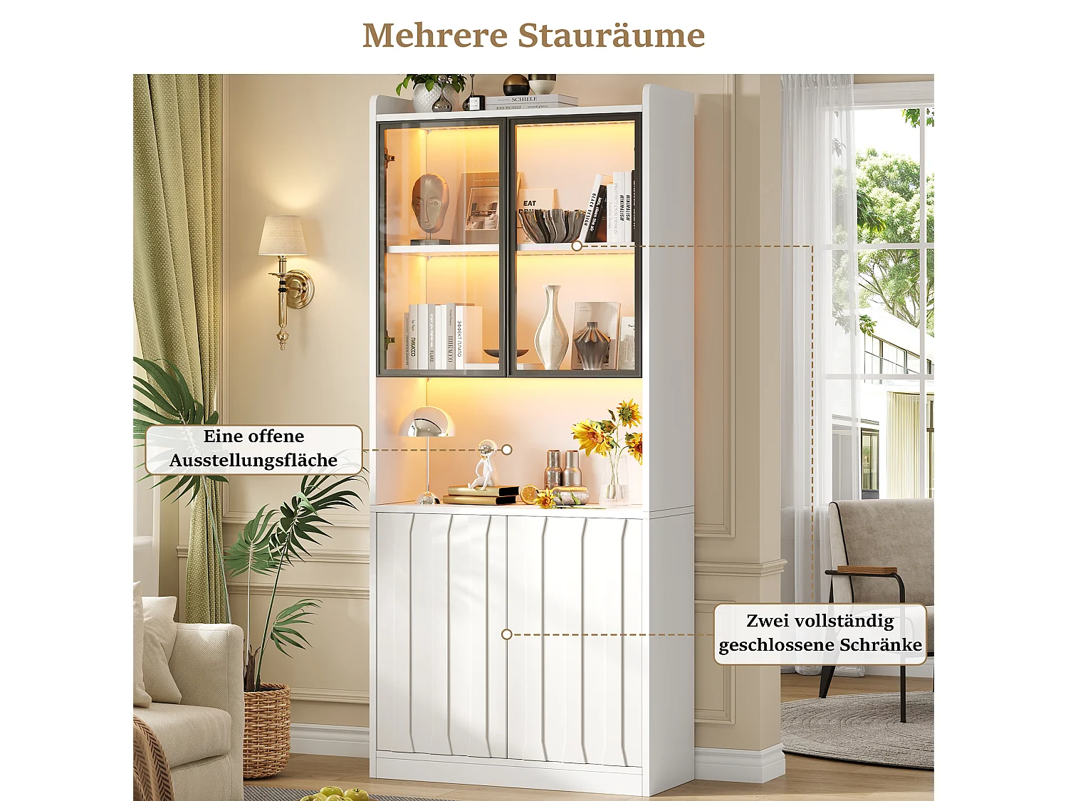 Glass display case 80x35x200 cm - LED lighting and open shelves - 4 doors and 5 storage compartments - White