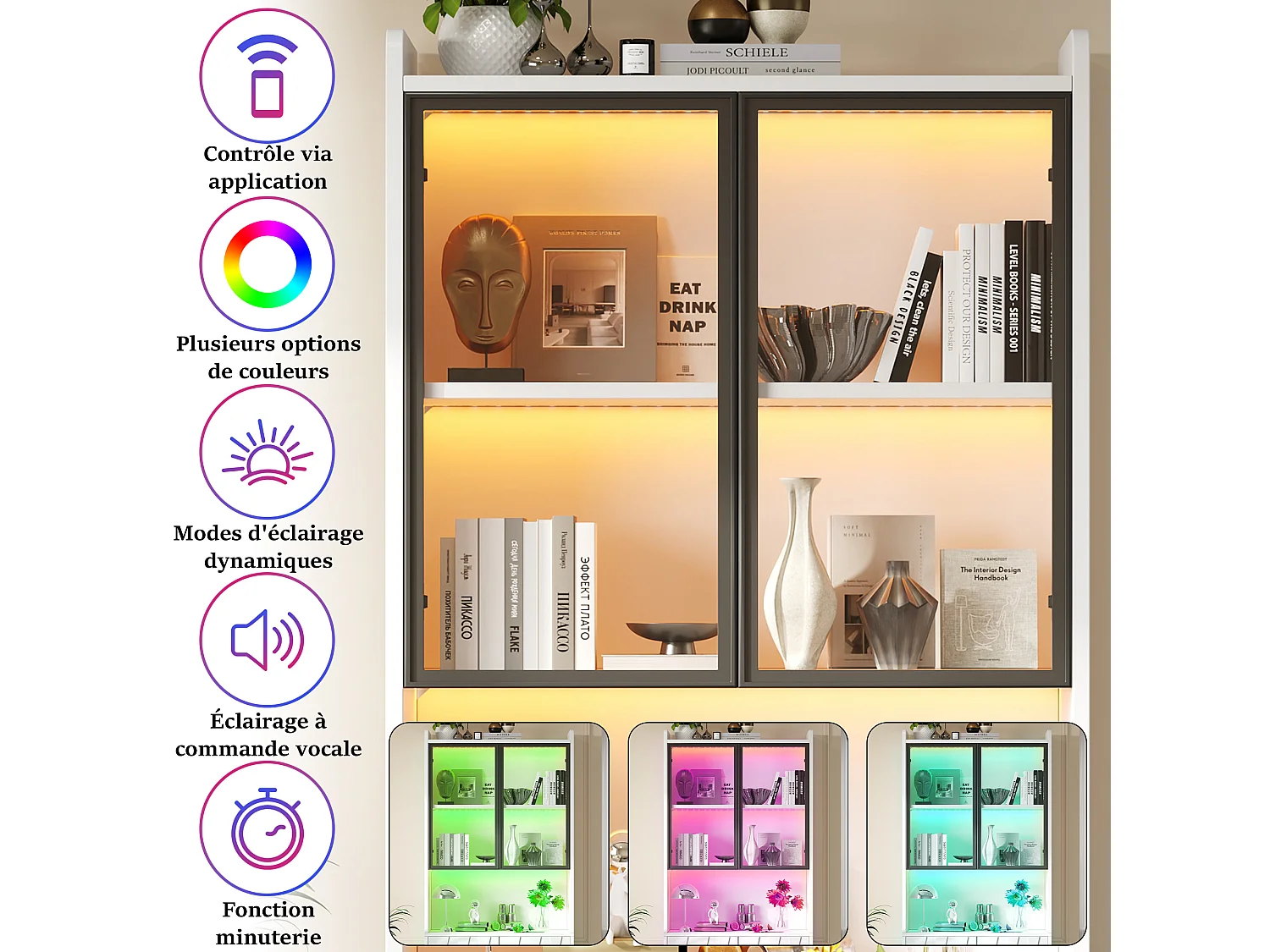 Glass display case 80x35x200 cm - LED lighting and open shelves - 4 doors and 5 storage compartments - White