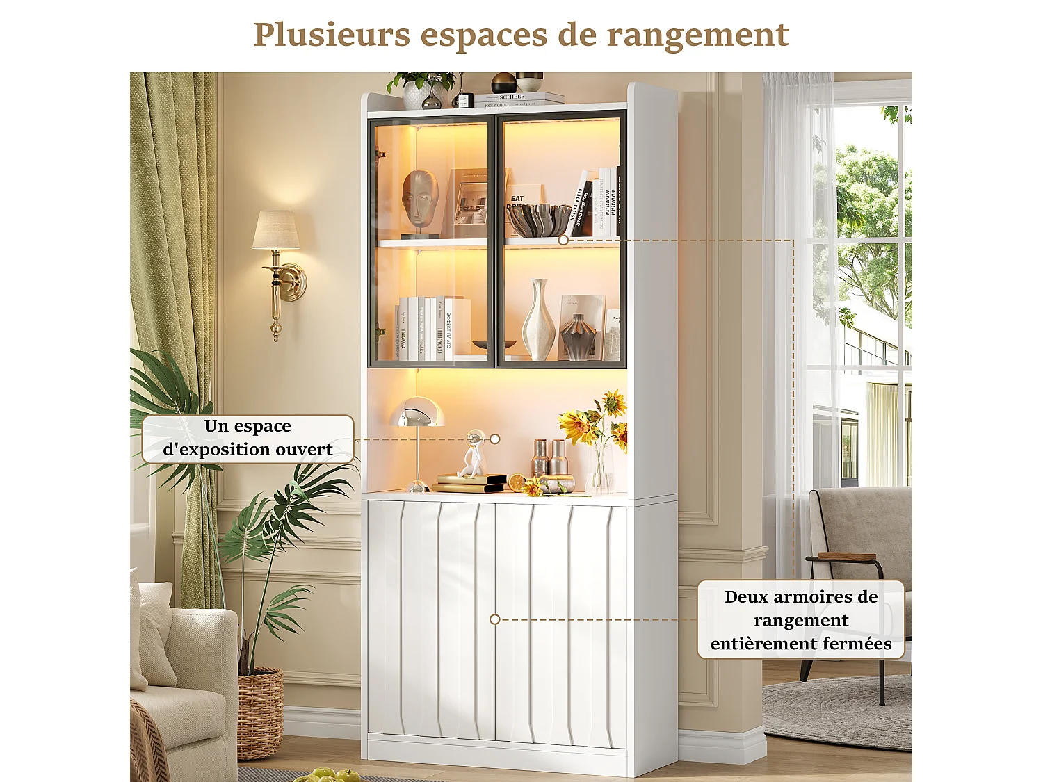 Glass display case 80x35x200 cm - LED lighting and open shelves - 4 doors and 5 storage compartments - White
