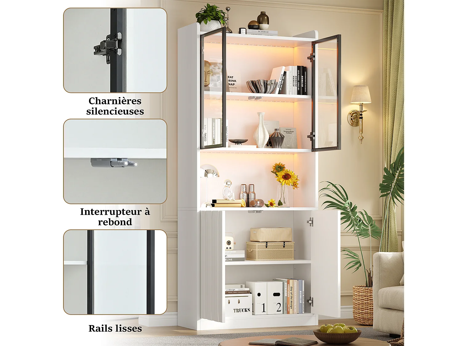 Glass display case 80x35x200 cm - LED lighting and open shelves - 4 doors and 5 storage compartments - White
