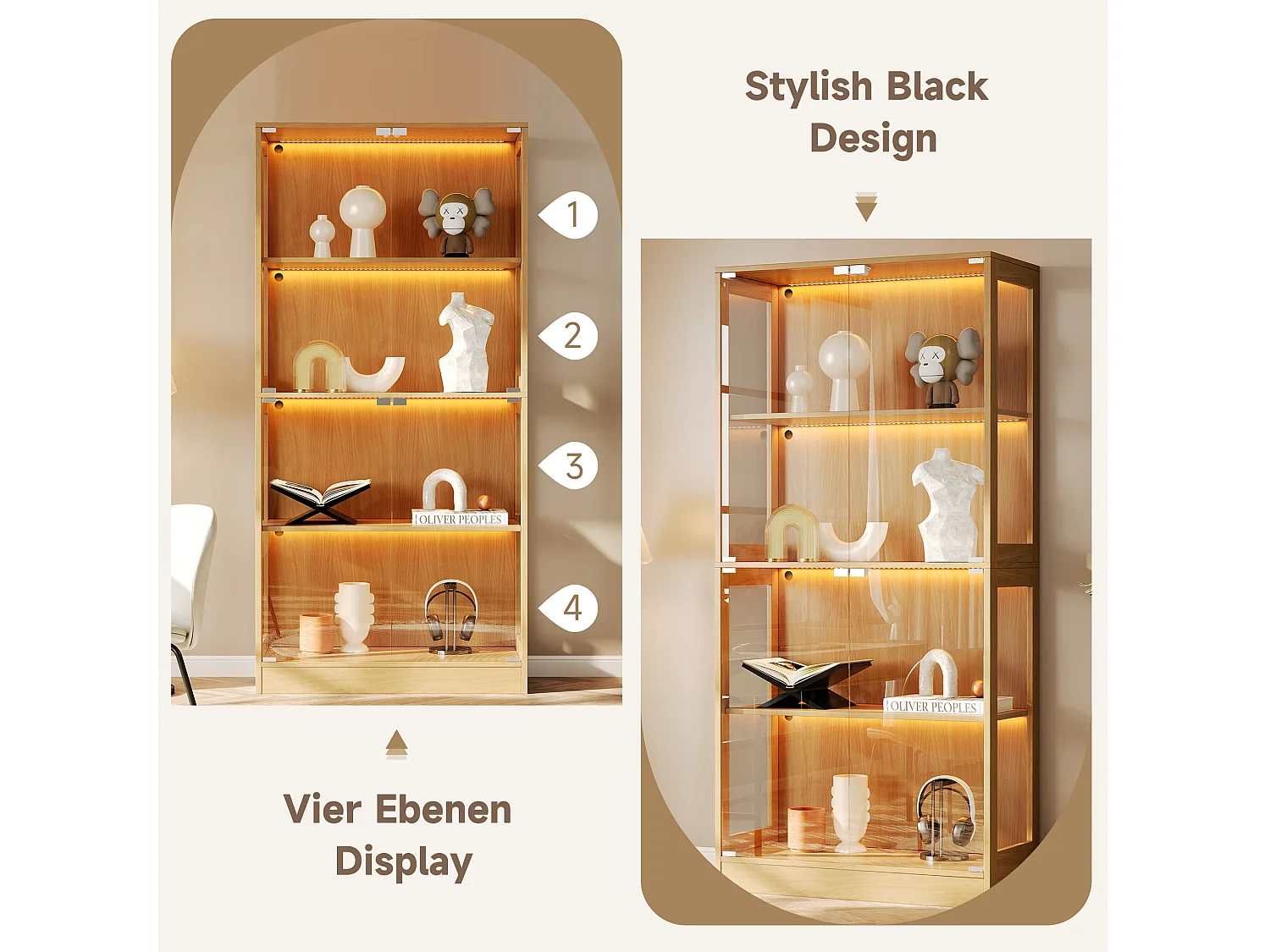 Vitrinskåp i glas 80x35x170 cm - LED-belysning - 4 glasdörrar och 4 förvaringshyllor - Finish i träimitation - Naturlig