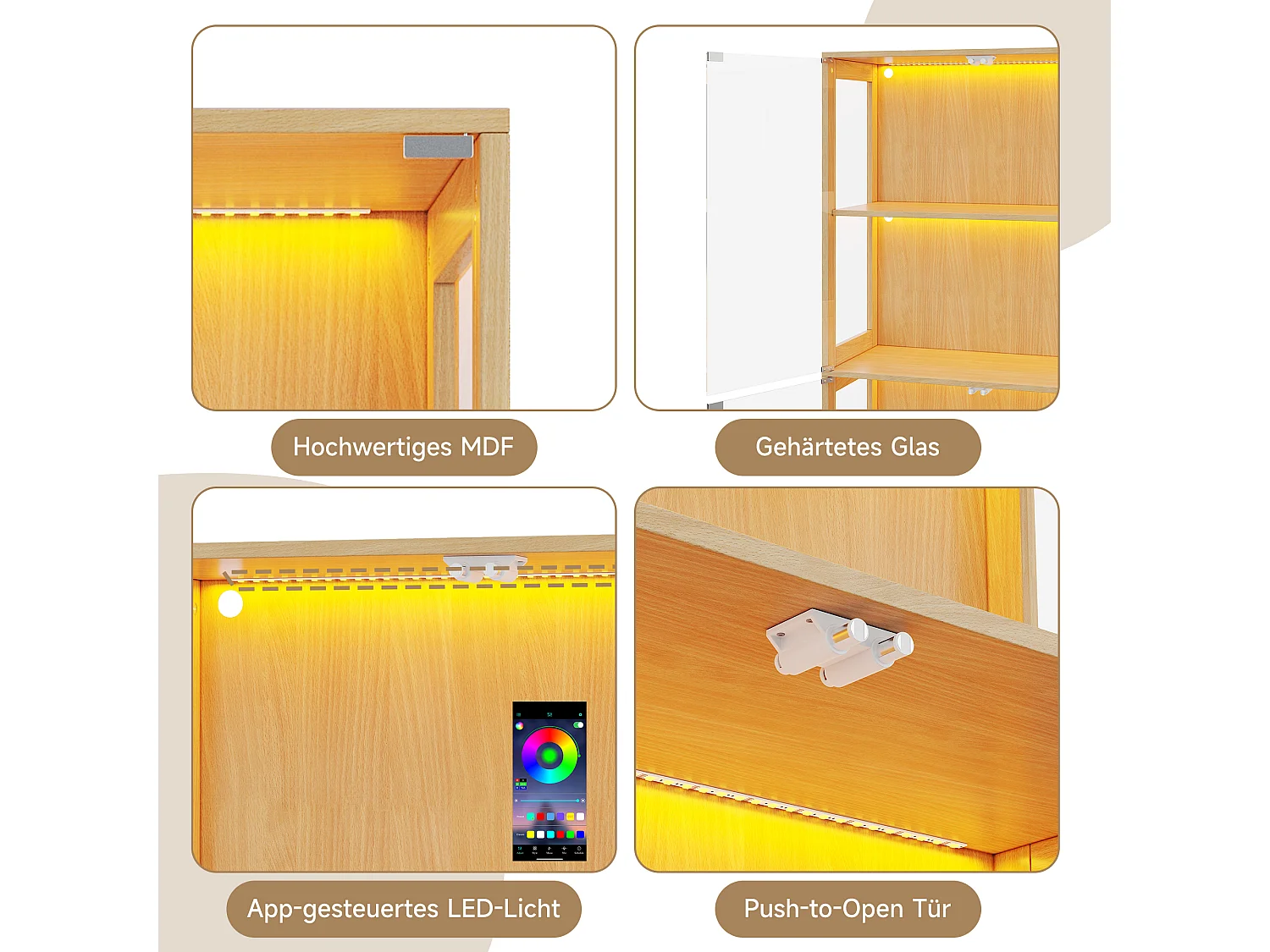Vitrinskåp i glas 80x35x170 cm - LED-belysning - 4 glasdörrar och 4 förvaringshyllor - Finish i träimitation - Naturlig
