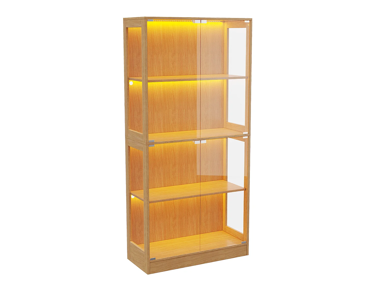 Vitrinskåp i glas 80x35x170 cm - LED-belysning - 4 glasdörrar och 4 förvaringshyllor - Finish i träimitation - Naturlig