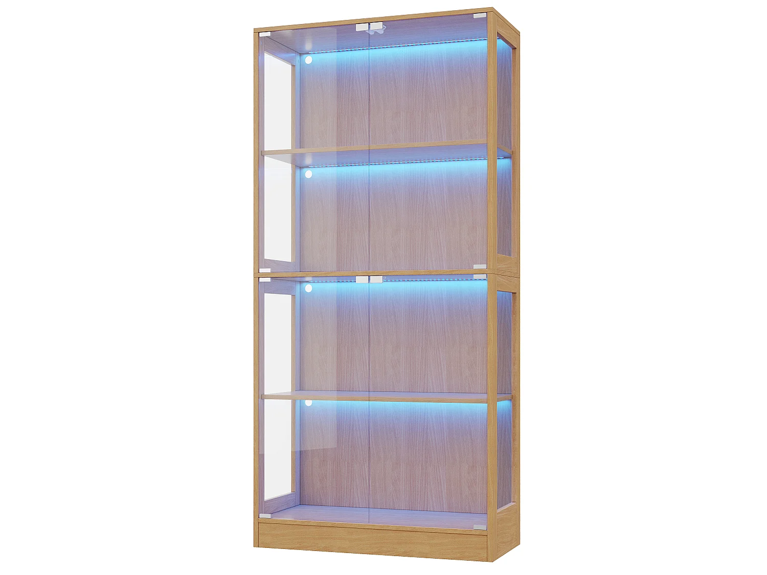 Vitrinskåp i glas 80x35x170 cm - LED-belysning - 4 glasdörrar och 4 förvaringshyllor - Finish i träimitation - Naturlig