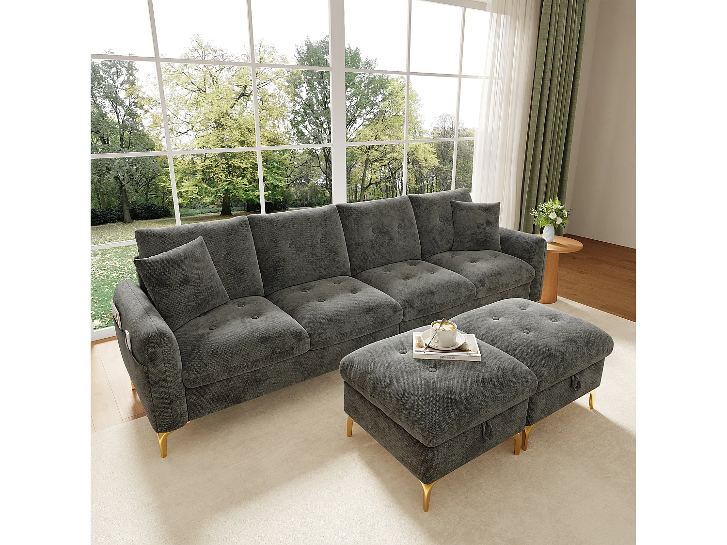 Canapé d'angle 4 places en forme de U 263 × 137 × 85 cm - avec 2 poufs de rangement et 2 coussins - tissu chenille - gris