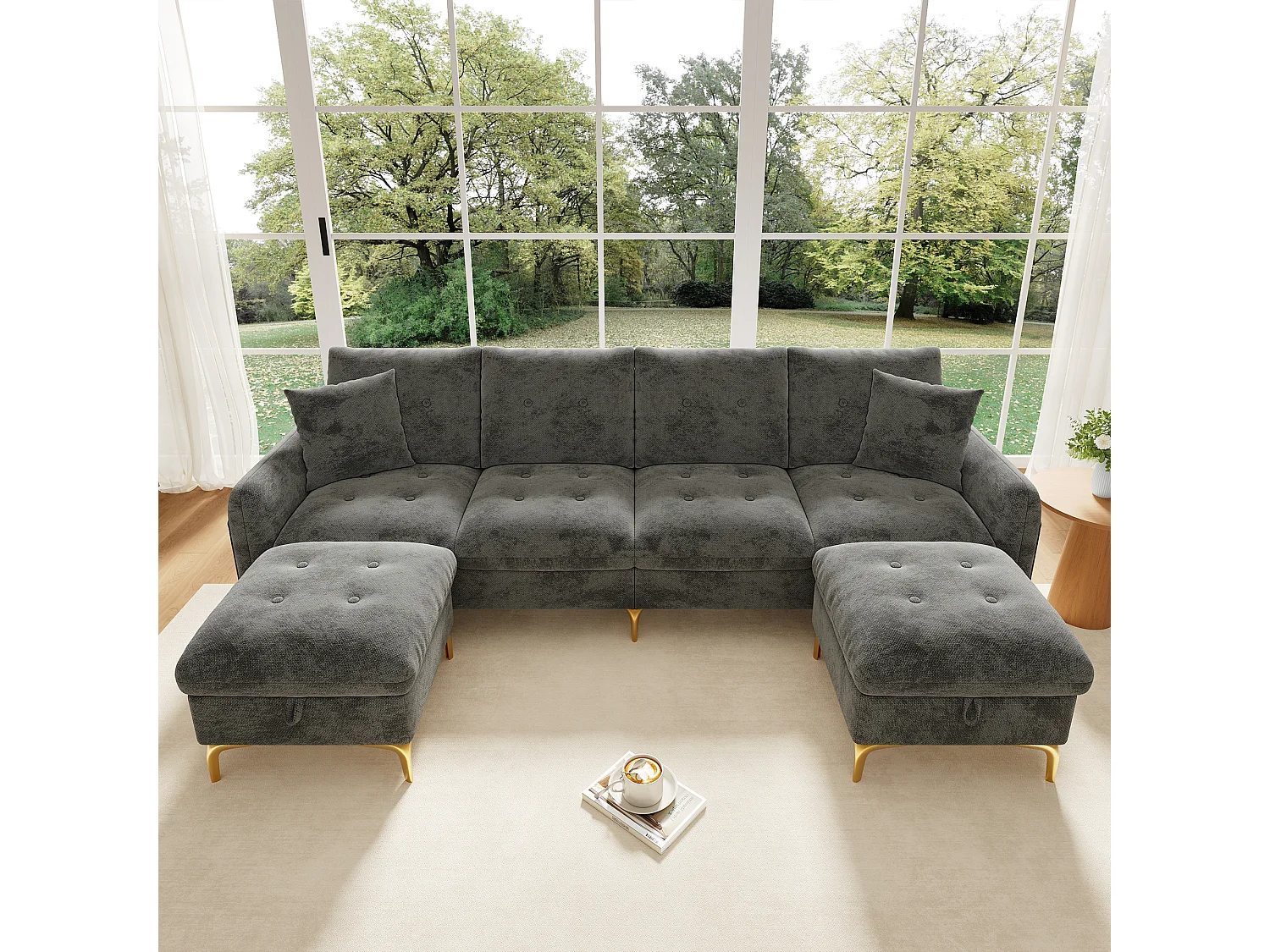 Canapé d'angle 4 places en forme de U 263 × 137 × 85 cm - avec 2 poufs de rangement et 2 coussins - tissu chenille - gris