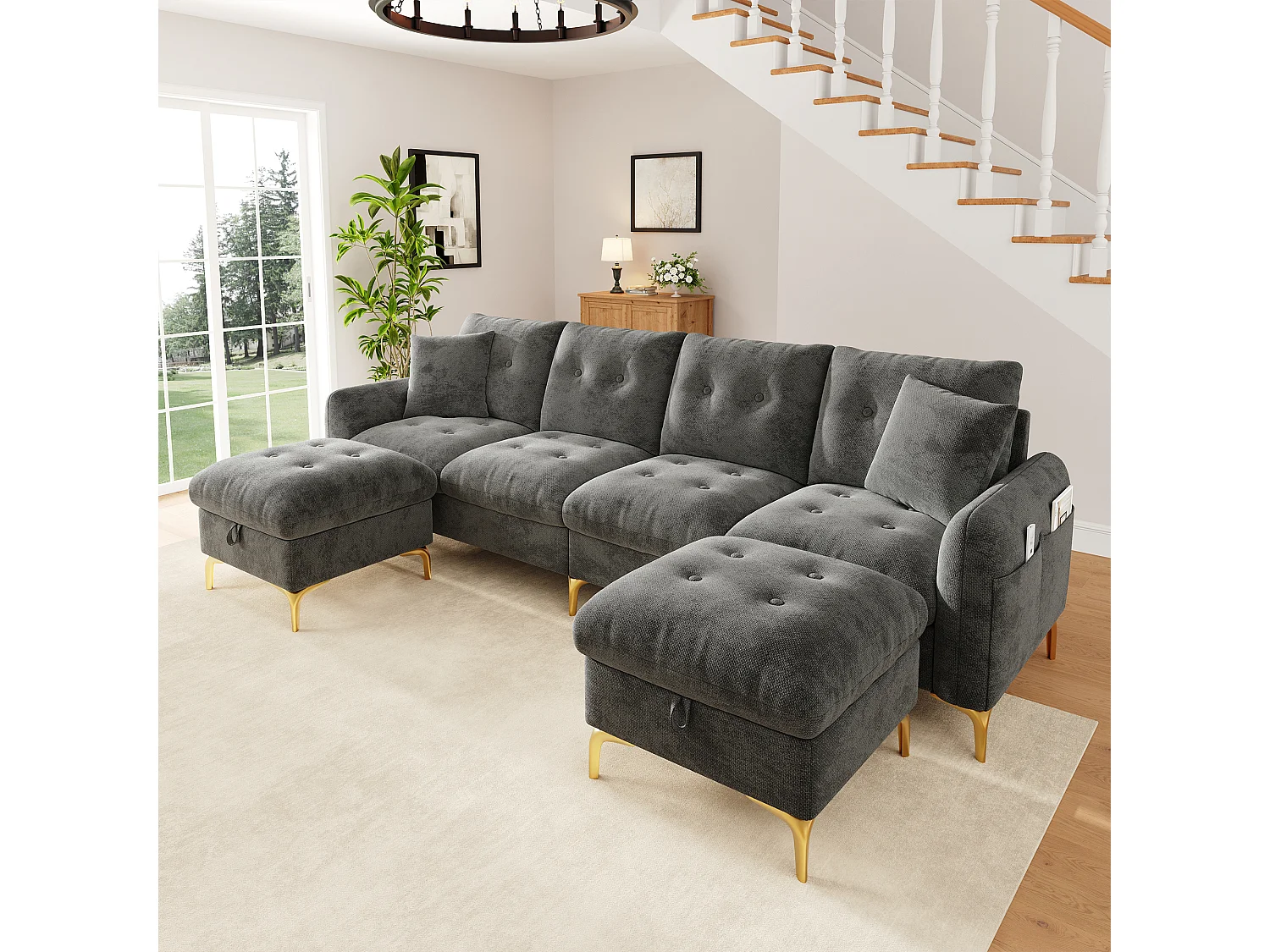 Canapé d'angle 4 places en forme de U 263 × 137 × 85 cm - avec 2 poufs de rangement et 2 coussins - tissu chenille - gris