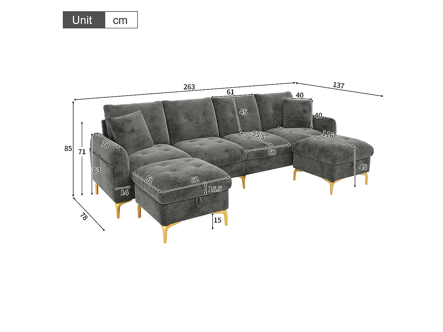 Canapé d'angle 4 places en forme de U 263 × 137 × 85 cm - avec 2 poufs de rangement et 2 coussins - tissu chenille - gris