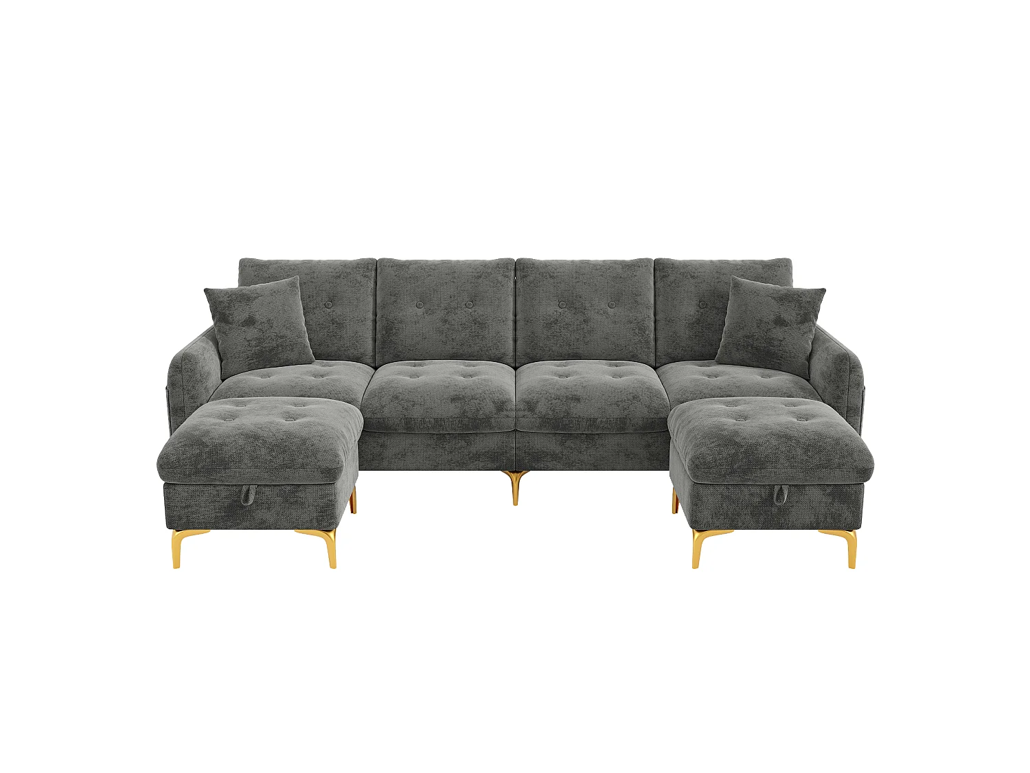 Canapé d'angle 4 places en forme de U 263 × 137 × 85 cm - avec 2 poufs de rangement et 2 coussins - tissu chenille - gris