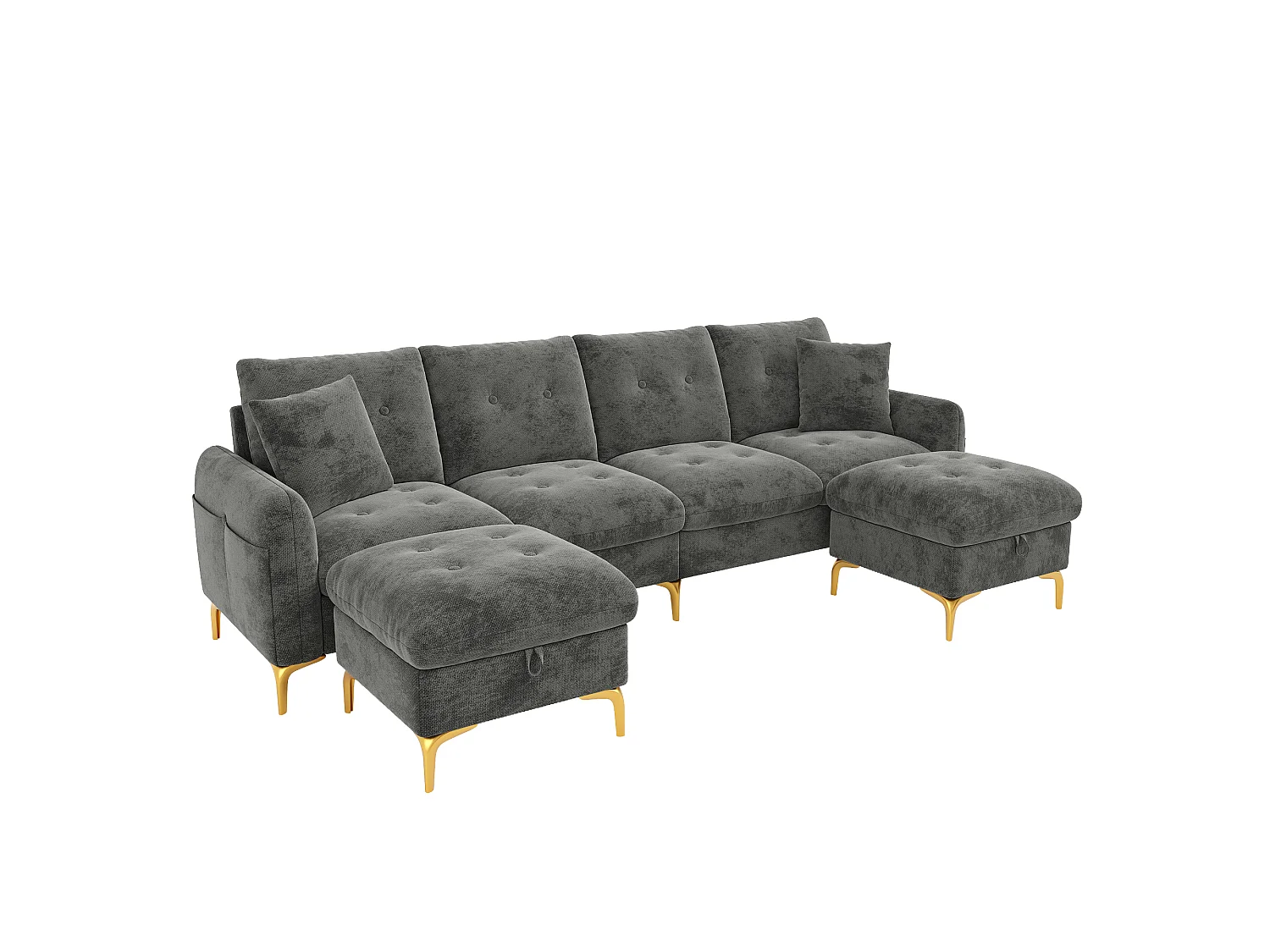 Canapé d'angle 4 places en forme de U 263 × 137 × 85 cm - avec 2 poufs de rangement et 2 coussins - tissu chenille - gris