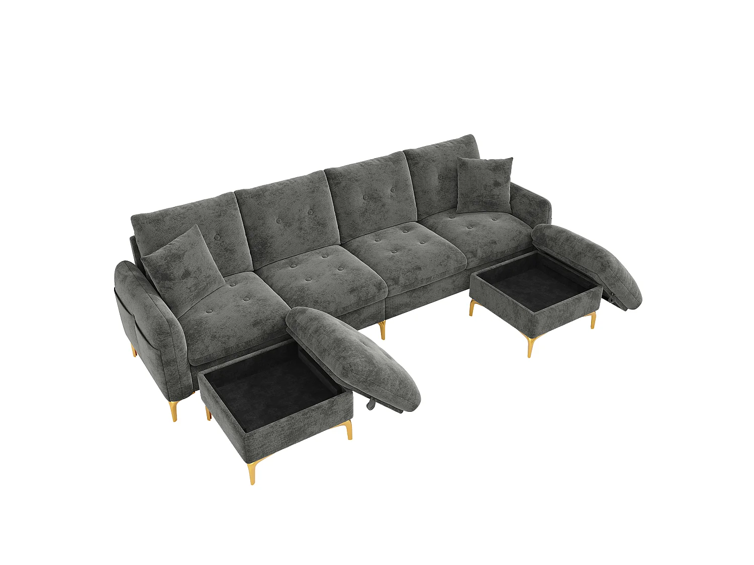 Canapé d'angle 4 places en forme de U 263 × 137 × 85 cm - avec 2 poufs de rangement et 2 coussins - tissu chenille - gris
