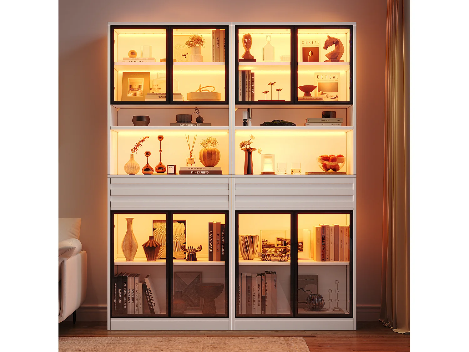 Glass display case 160x35x200 cm - 8 glass doors and 2 drawers - LED lighting controllable via app - MDF - White