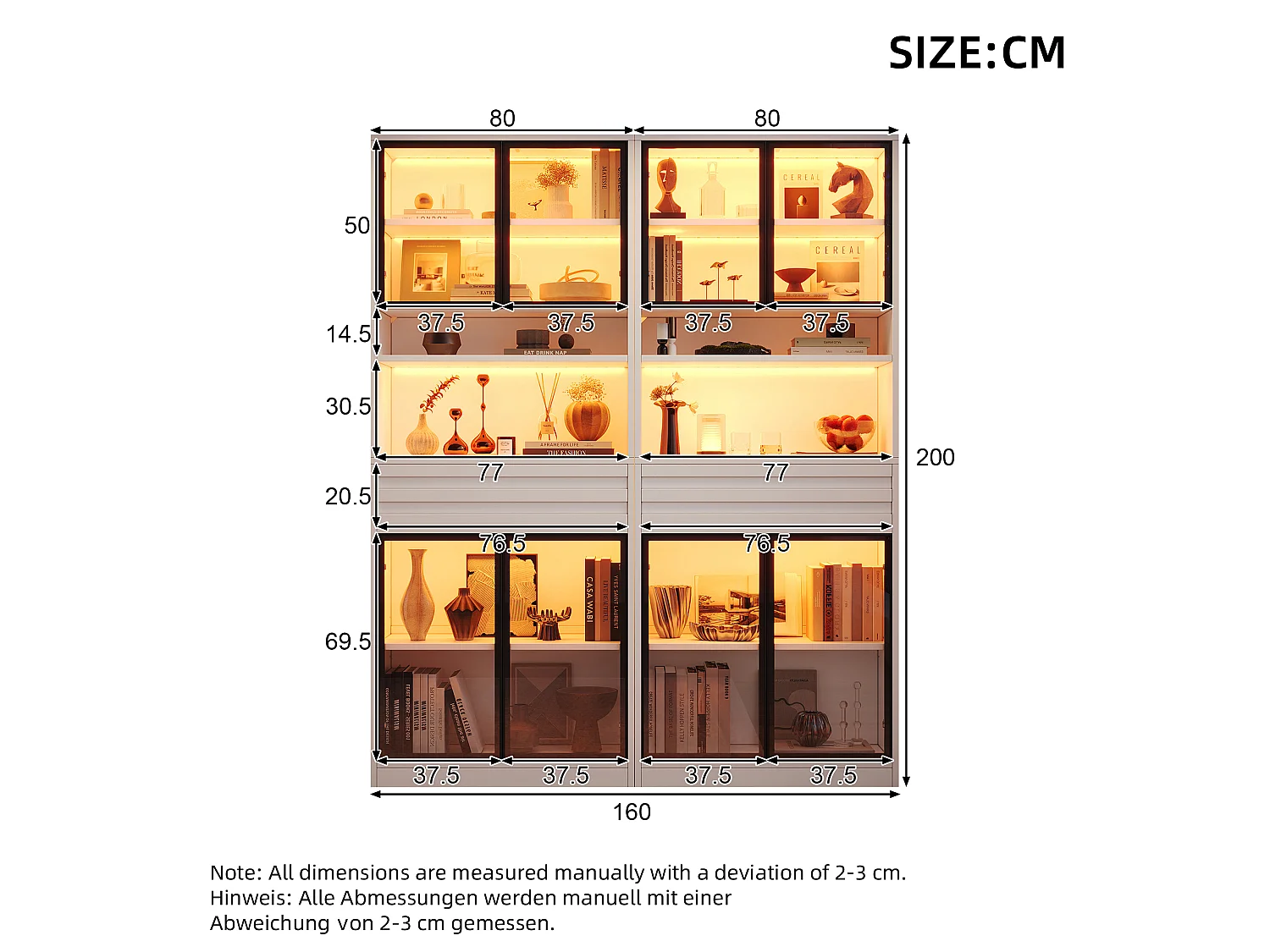 Glass display case 160x35x200 cm - 8 glass doors and 2 drawers - LED lighting controllable via app - MDF - White