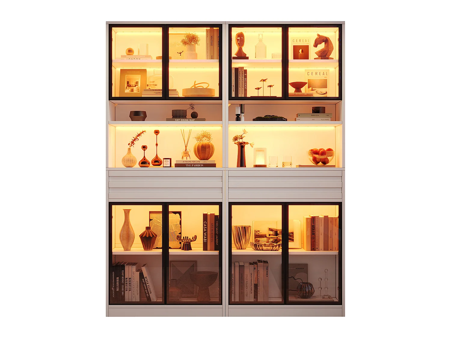 Glass display case 160x35x200 cm - 8 glass doors and 2 drawers - LED lighting controllable via app - MDF - White