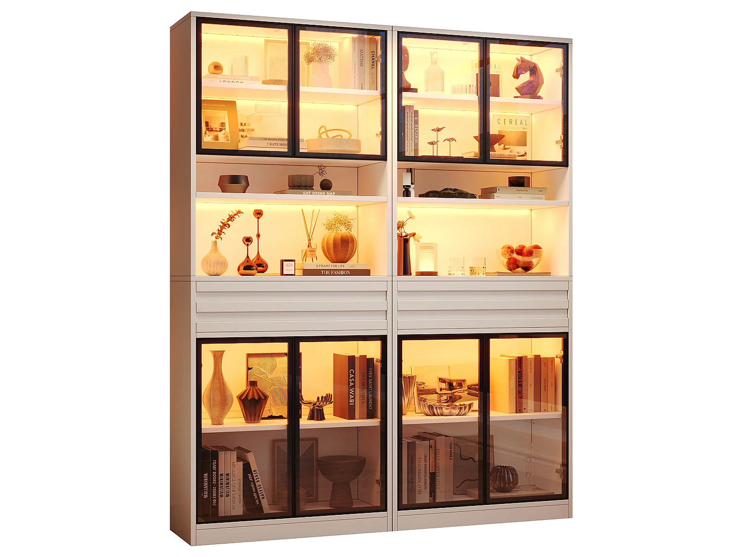 Glass display case 160x35x200 cm - 8 glass doors and 2 drawers - LED lighting controllable via app - MDF - White