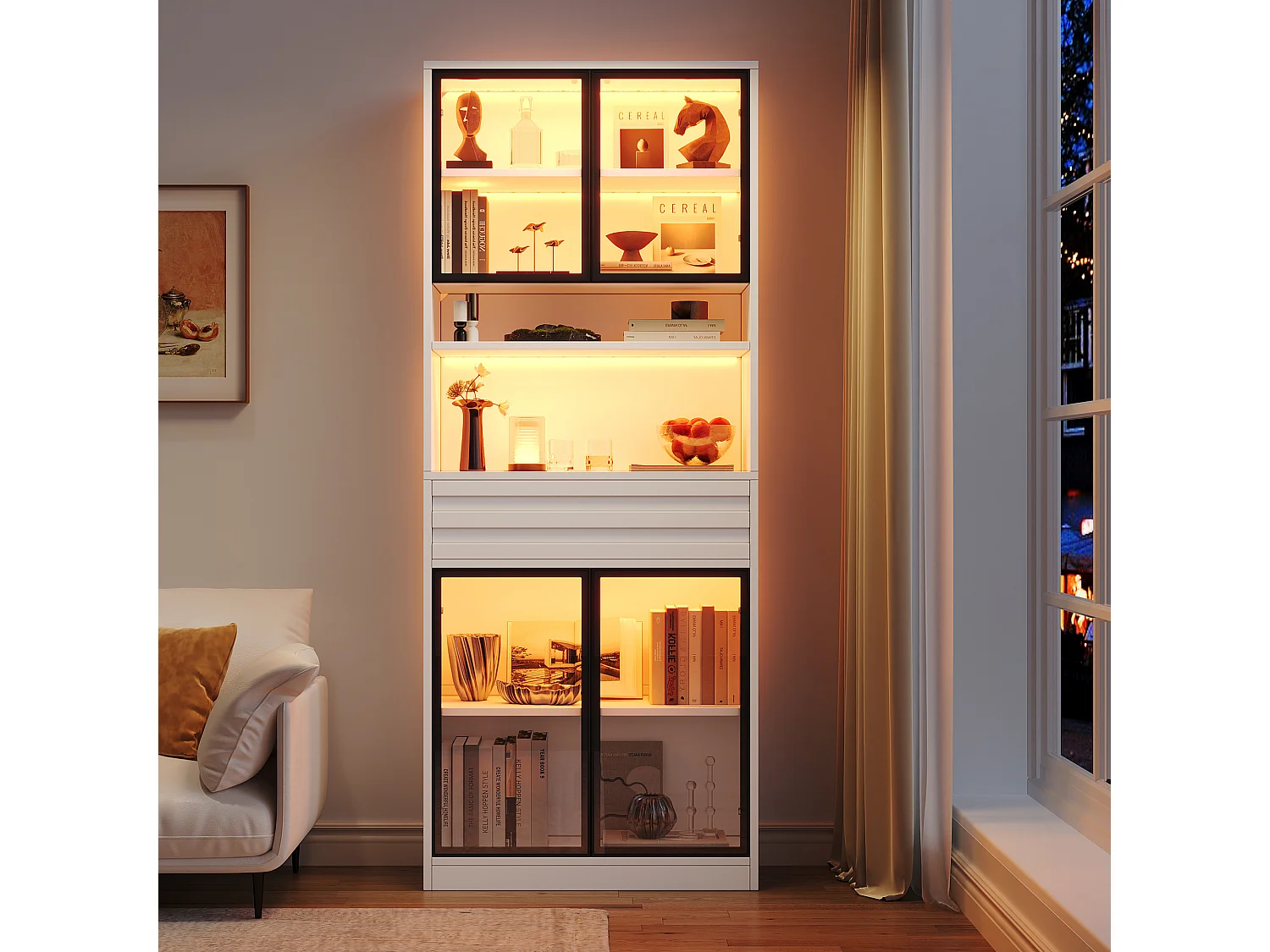Glass display case 160x35x200 cm - 8 glass doors and 2 drawers - LED lighting controllable via app - MDF - White