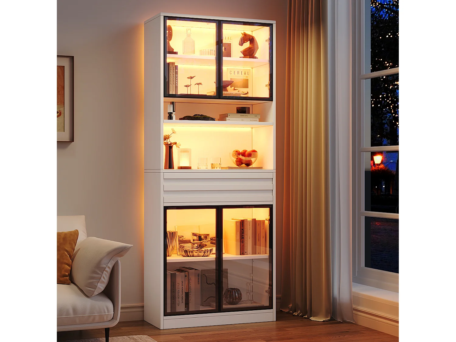 Glass display case 160x35x200 cm - 8 glass doors and 2 drawers - LED lighting controllable via app - MDF - White