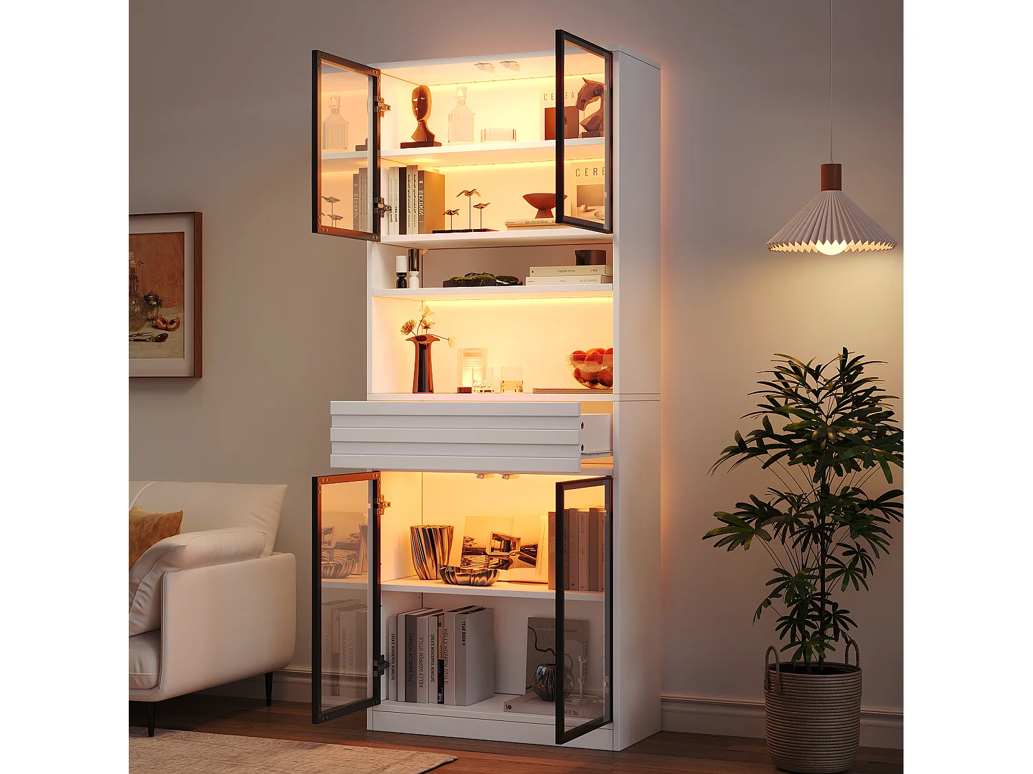 Glass display case 160x35x200 cm - 8 glass doors and 2 drawers - LED lighting controllable via app - MDF - White