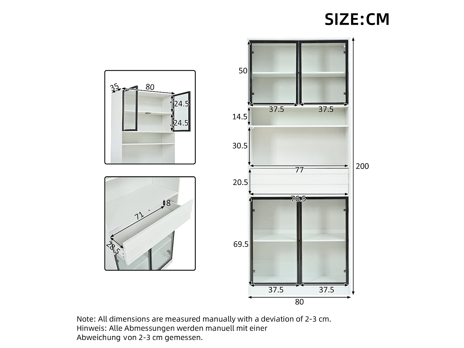 Glass display case 160x35x200 cm - 8 glass doors and 2 drawers - LED lighting controllable via app - MDF - White