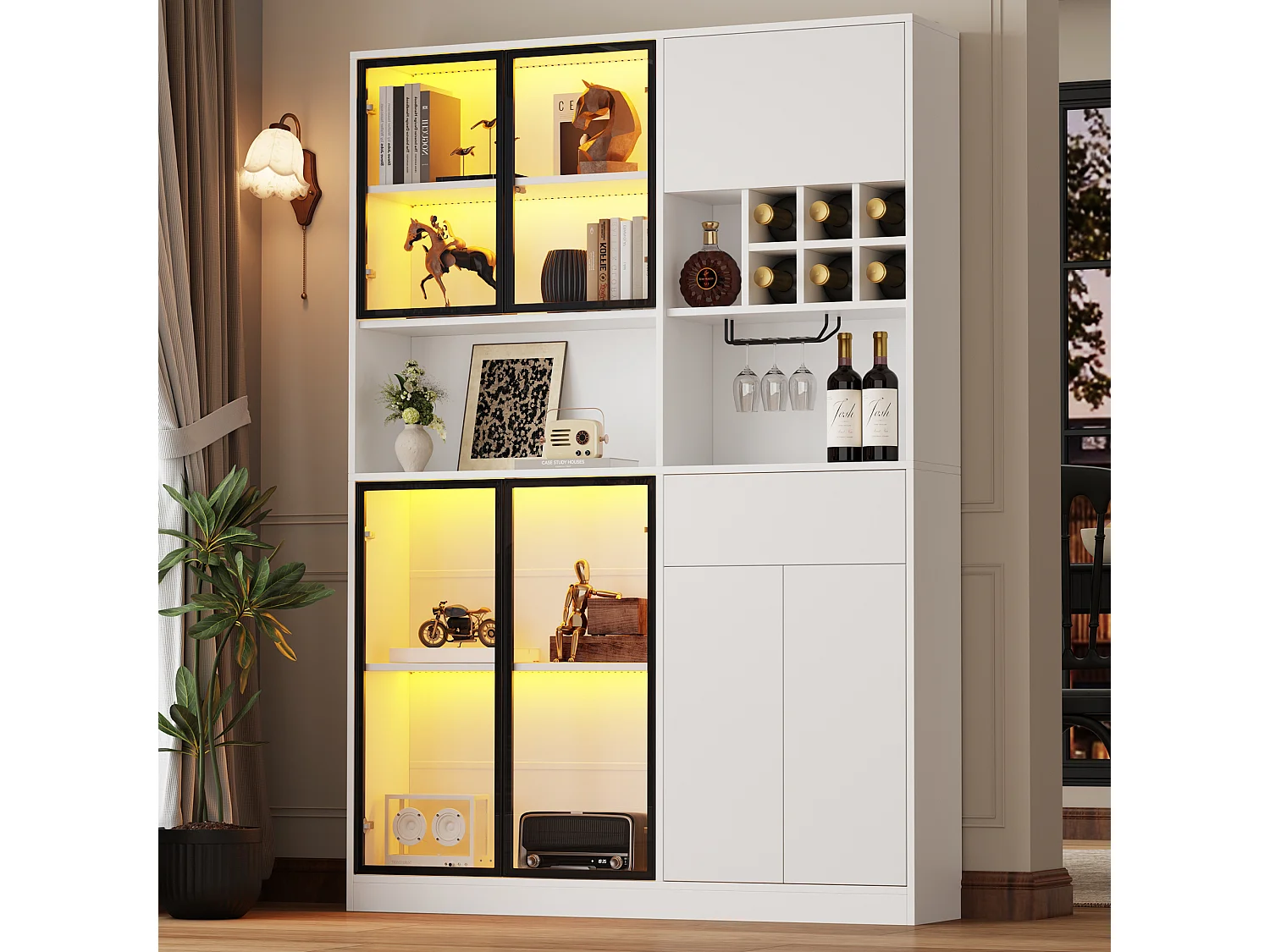 Vitrina 140x30x200 cm - 1 cajón y 7 puertas - Iluminación LED - 6 casilleros para botellas y portavasos suspendido - Blanco