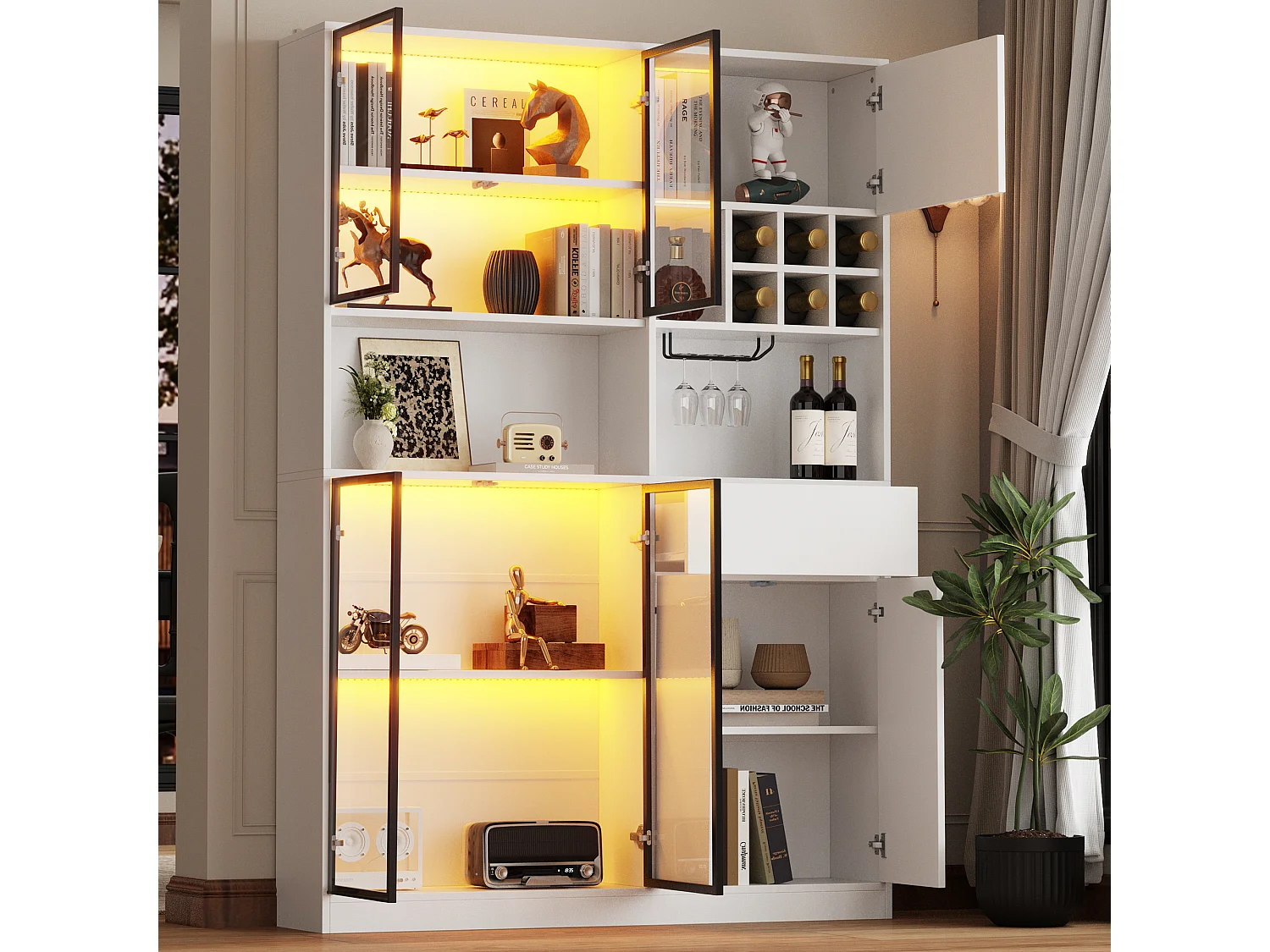 Vitrina 140x30x200 cm - 1 cajón y 7 puertas - Iluminación LED - 6 casilleros para botellas y portavasos suspendido - Blanco
