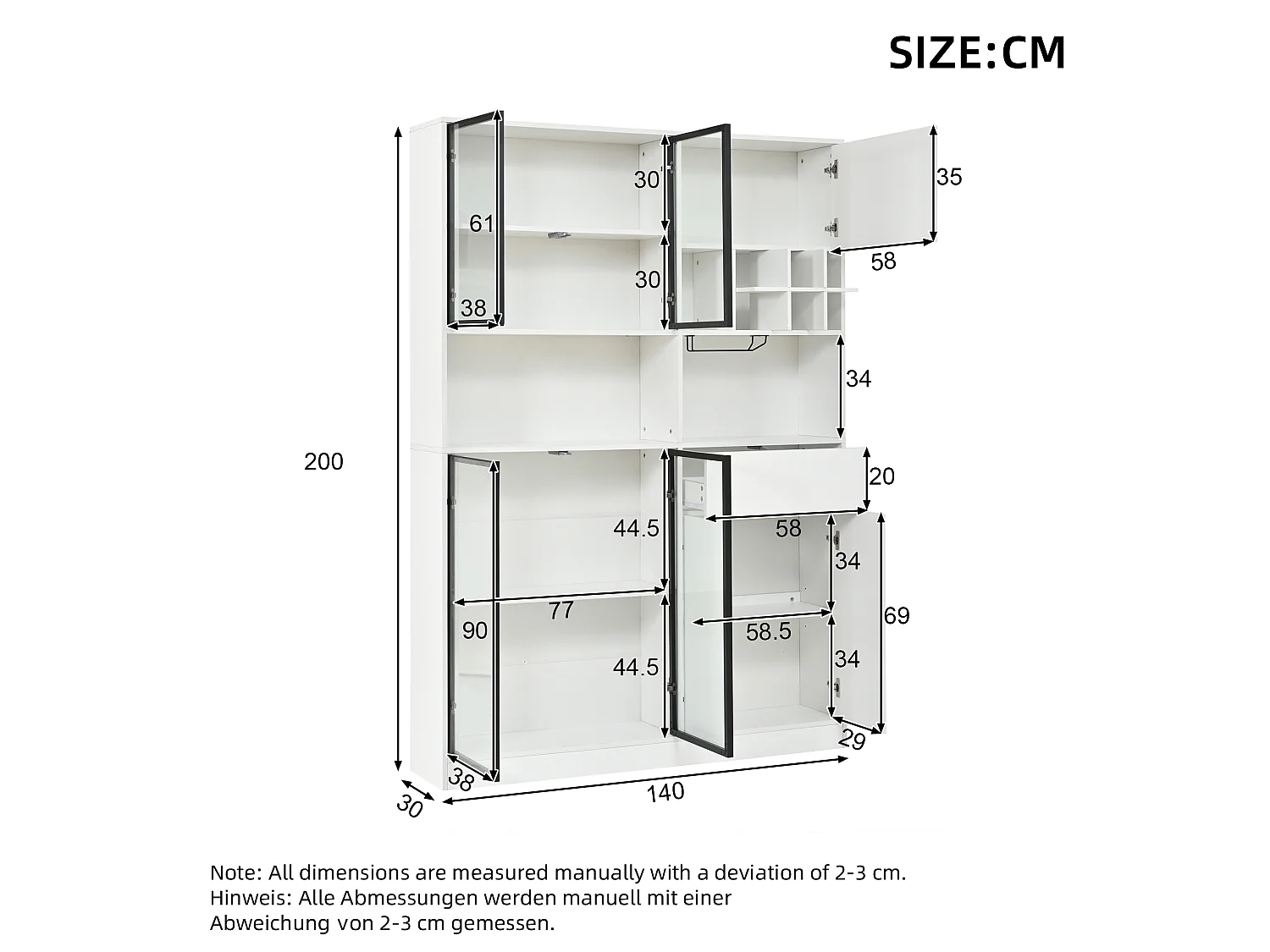 Vitrina 140x30x200 cm - 1 cajón y 7 puertas - Iluminación LED - 6 casilleros para botellas y portavasos suspendido - Blanco